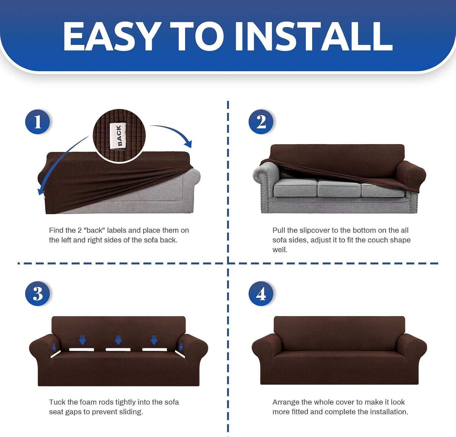 Thumbnail 5 de KEKUOU Stretch Sofa Cover Slipcover for 3-Cushion Sofa (78"–94"), Jacquard Large Chocolate