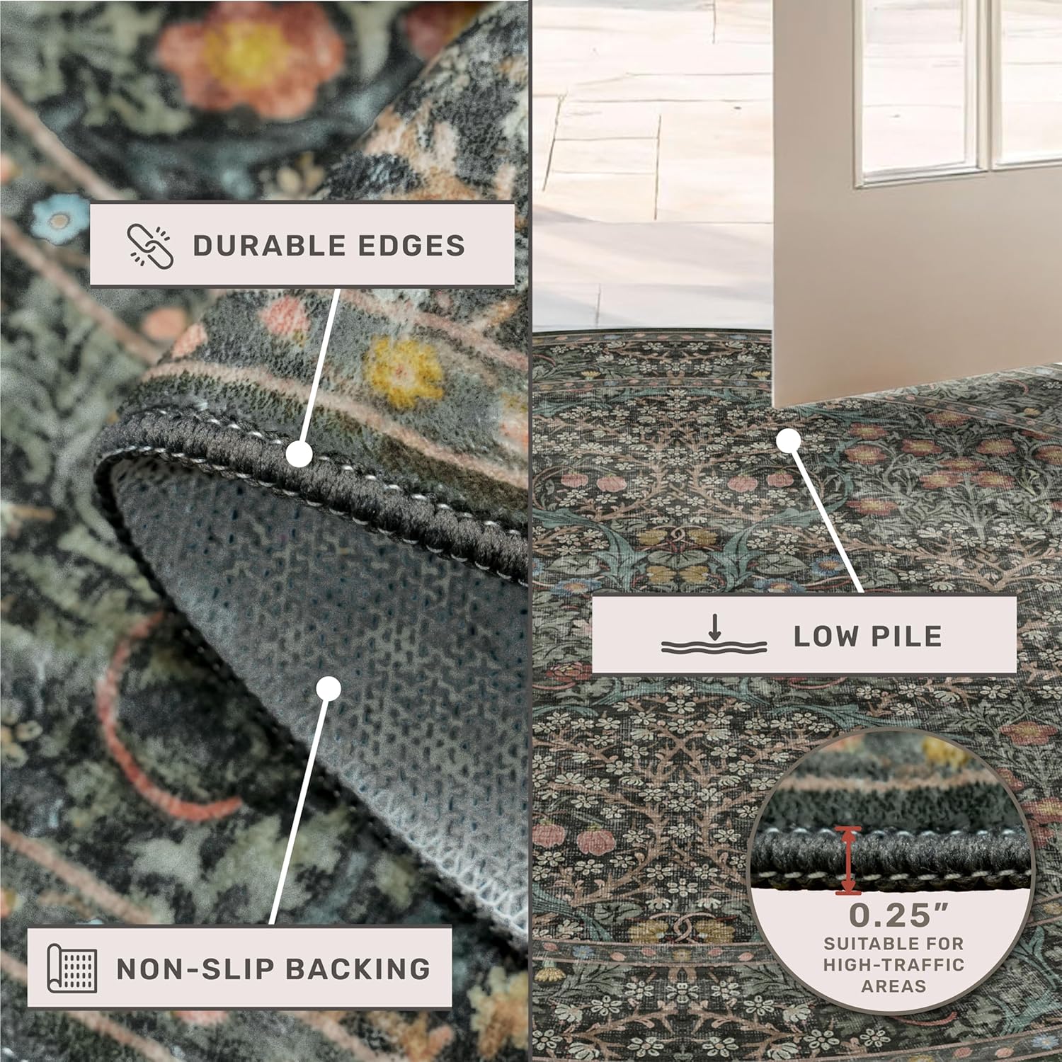 Thumbnail 4 de Hazo Haus Washable Round Area Rug (6ft) in Dark Green Floral — Non-Slip Rubber Backing