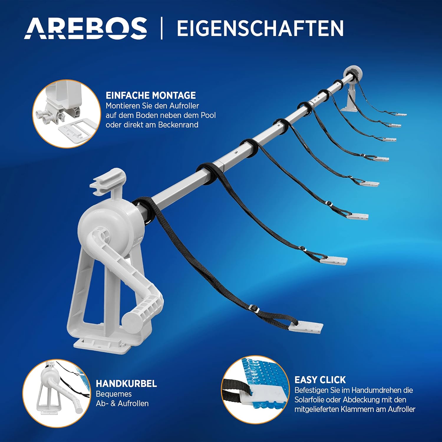 Detalle de Arebos Aufrollsystem für Solar- und Poolplanen – verstellbar (1,05–6,15 m) und witterungsbeständig