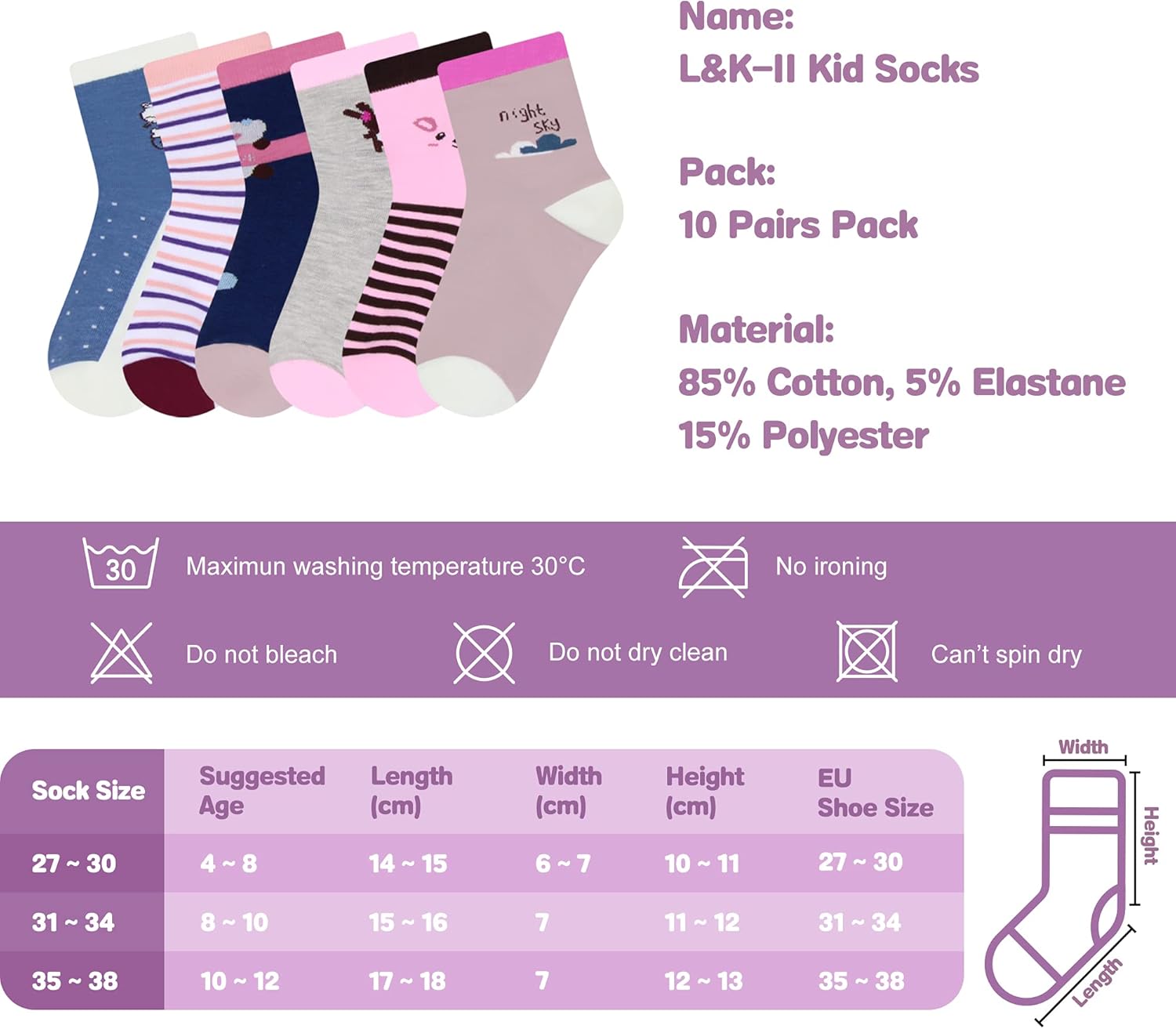 Thumbnail 6 de Lot de 12 chaussettes enfants filles en coton L&K-II motif mignon coloré automne/hiver