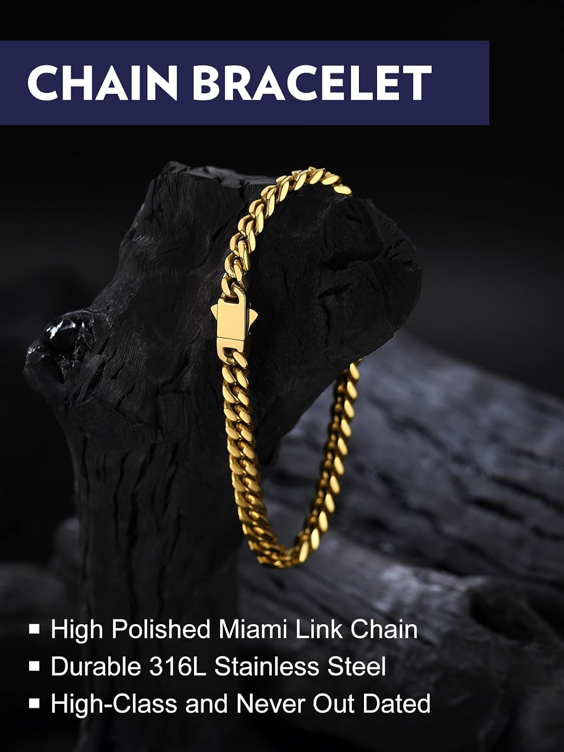 Detalle de Bandmax Bracelet Homme Acier Inoxydable – Style Cuban Miami en Versions Argent/Noir/Or, Longueur 19–23 cm