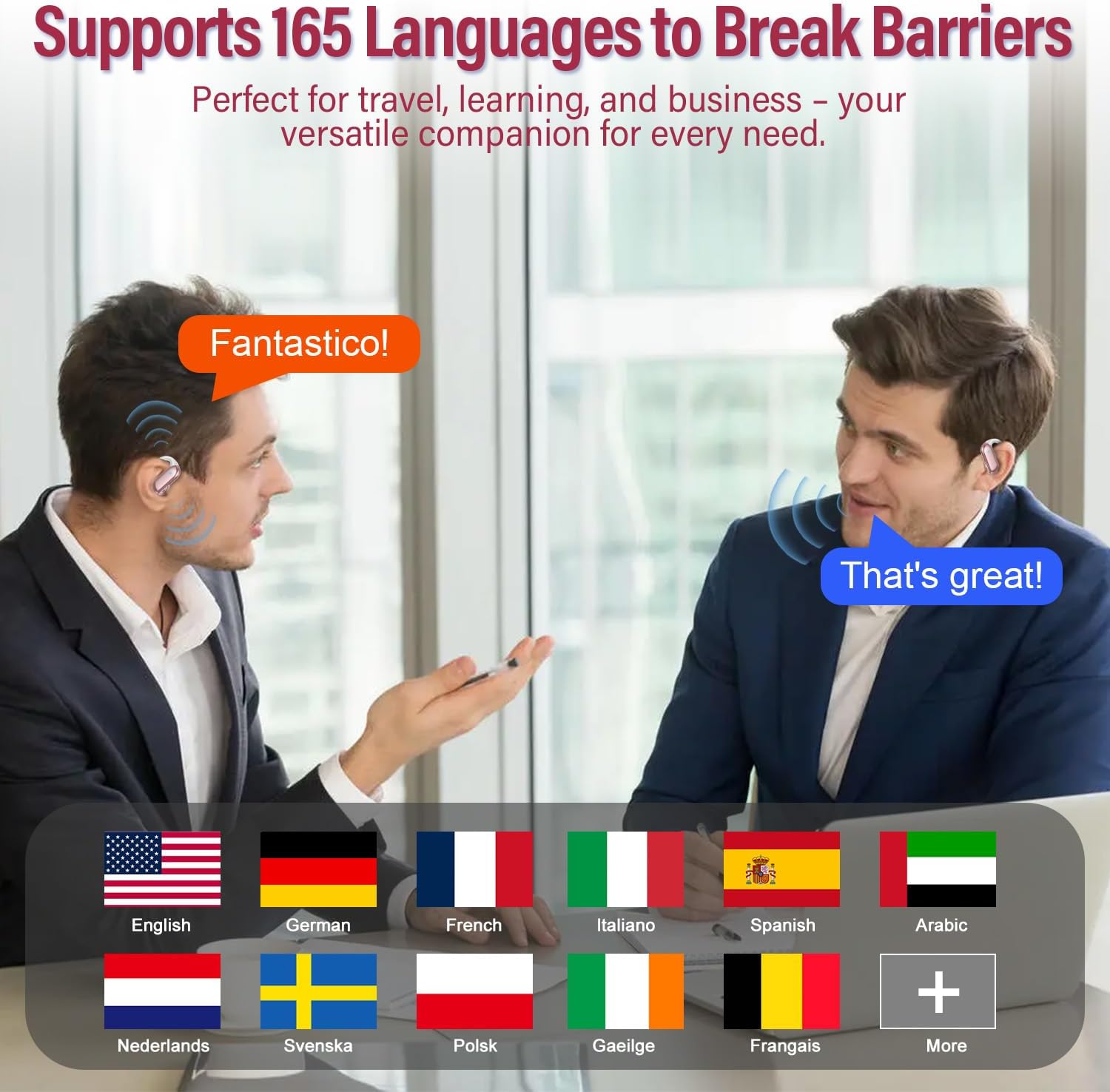 Detalle de AI Écouteur Traducteur Instantané 3 en 1 – Bluetooth 5.4, 165 langues, LED, 42h, Open Ear Rose