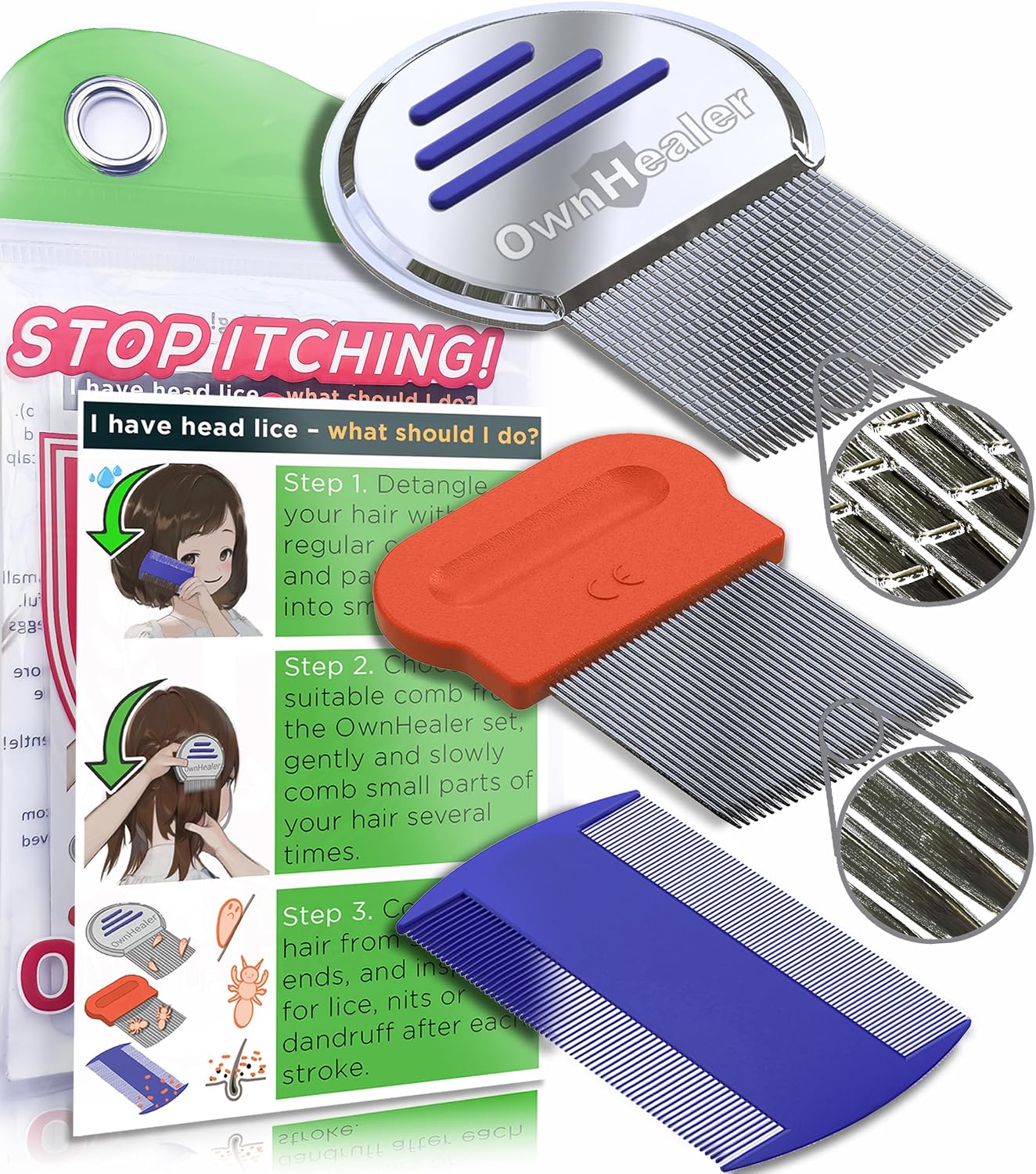 Detalle de OwnHealer SK1004 Professional Lice Comb Set, 3 Combs for Lice, Nits & Dandruff