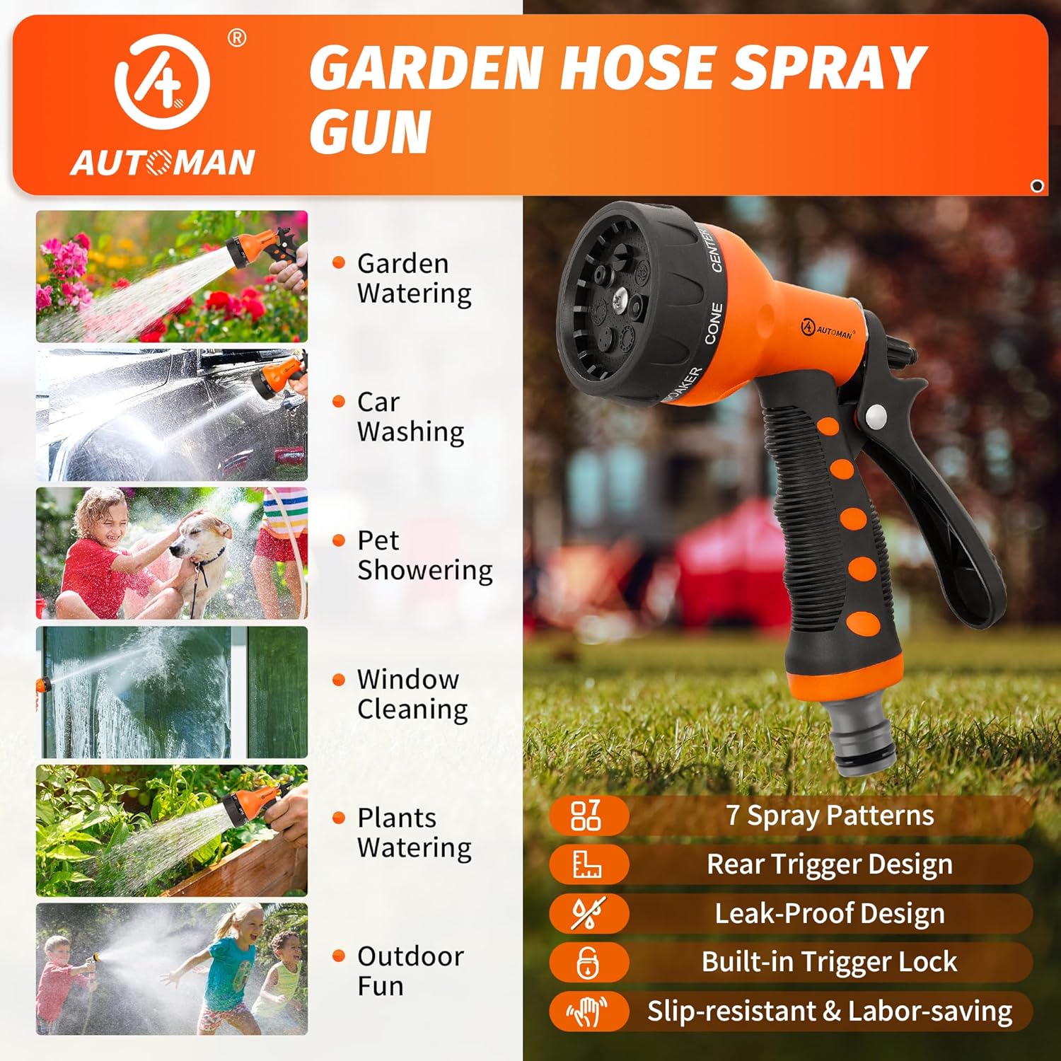 Thumbnail 5 de AUTOMAN Hose Pipe Spray Gun (7 Patterns) – anti-slip high pressure hose nozzle in orange