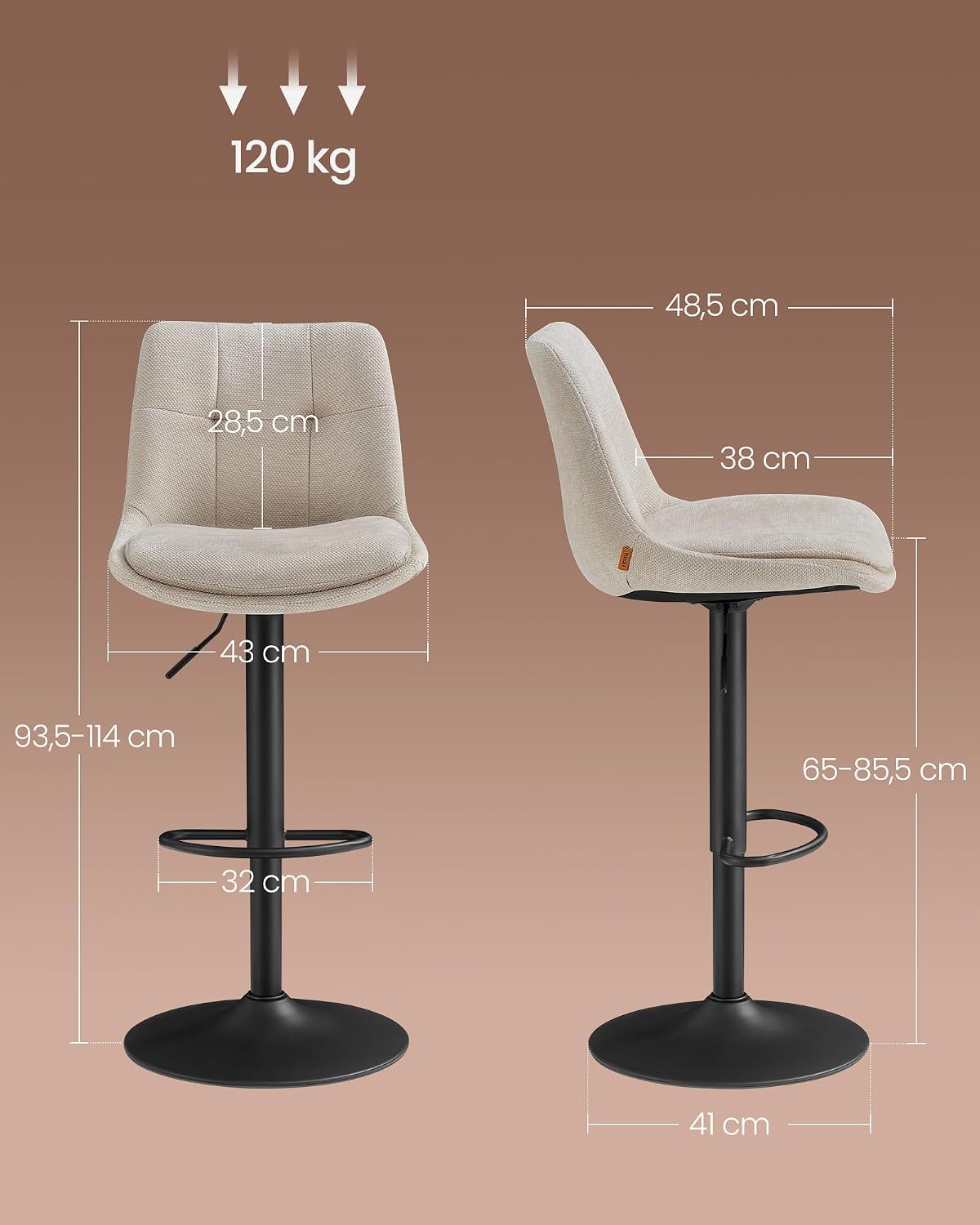 Detalle 2 de VASAGLE LJB095K01 taburetes de bar 62–84 cm
