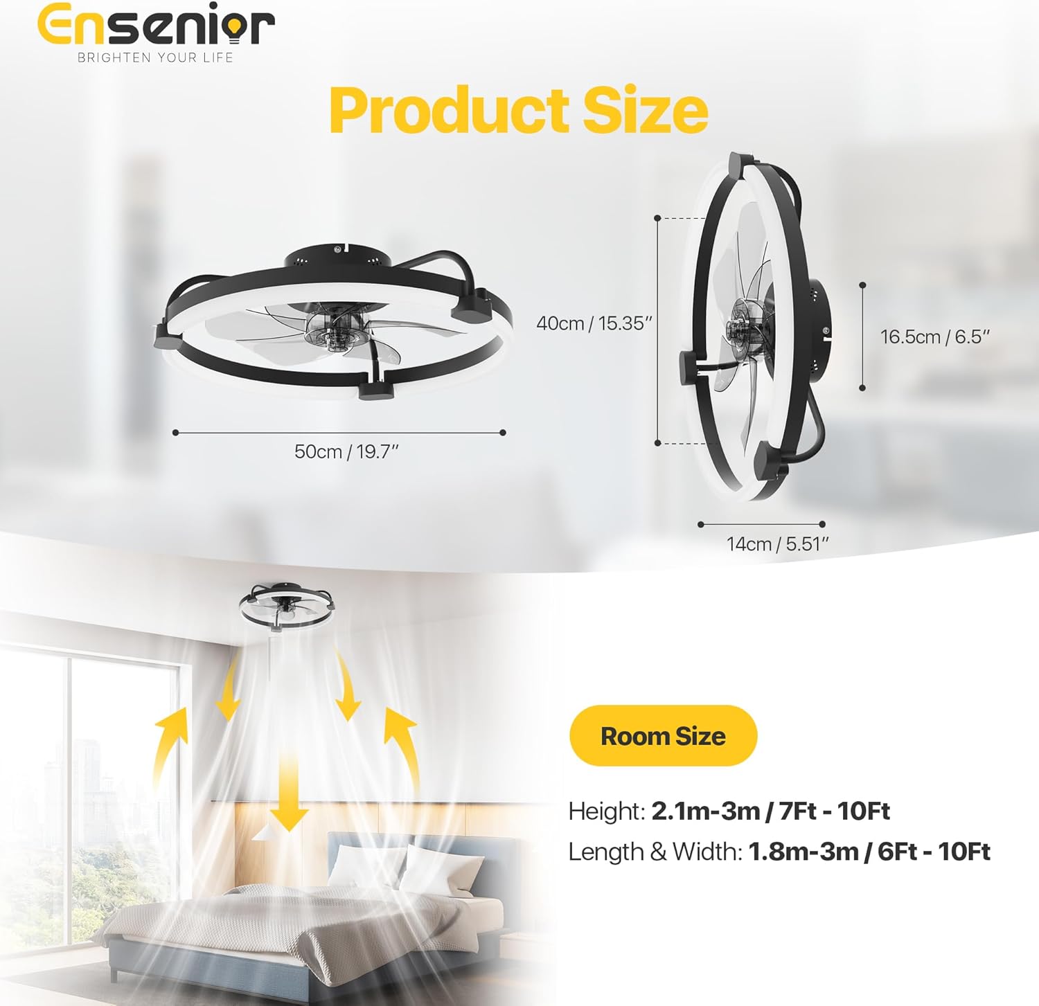 Thumbnail 6 de Ensenior Deckenventilator mit Beleuchtung – 50 cm, flaches Design, 6 Stufen, dimmbares Licht, Fernbedienung und App-Steuerung
