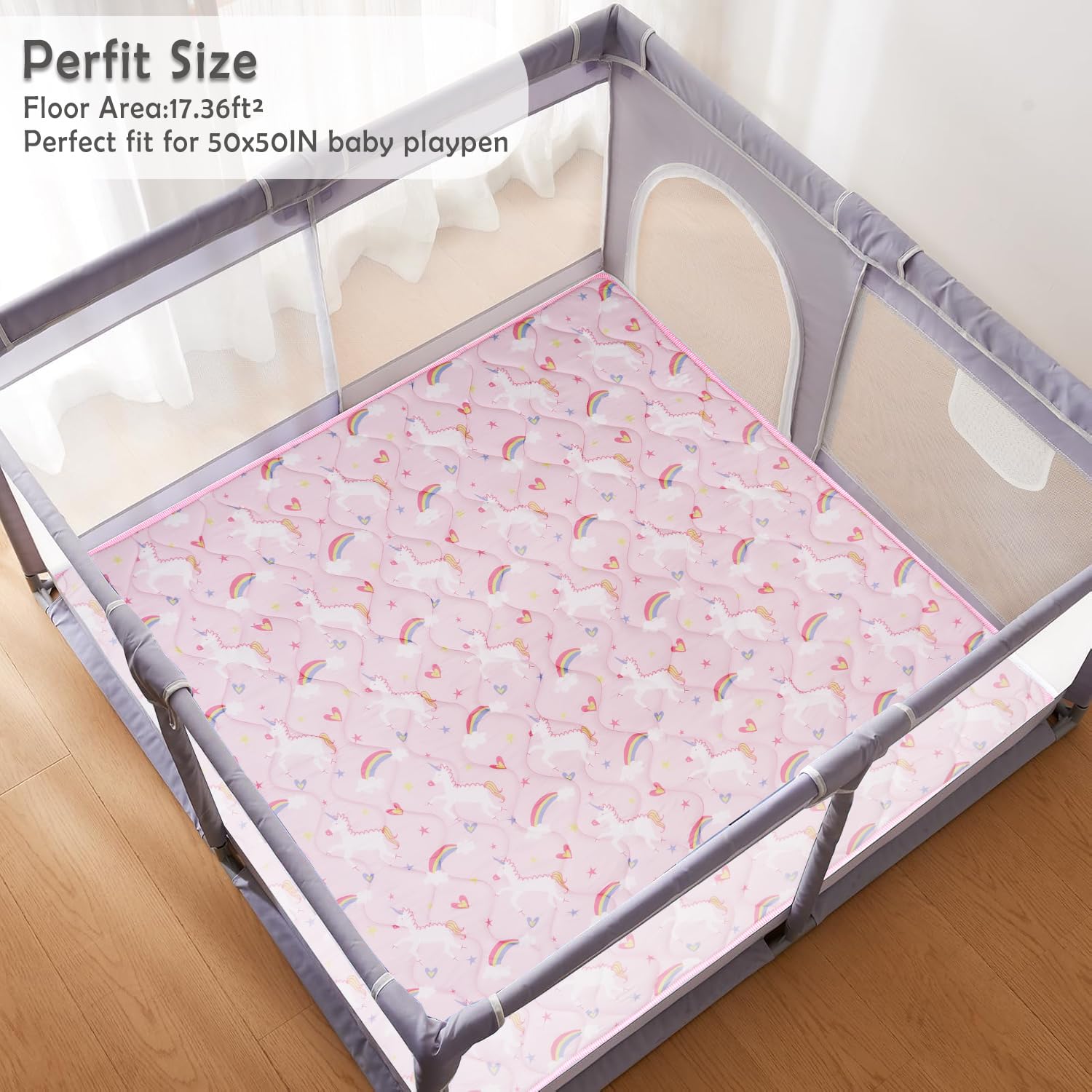 Detalle 2 de Viviland 50" x 50" Baby Play Mat, Thick, Non-Slip, Machine-Washable, Pink Unicorn