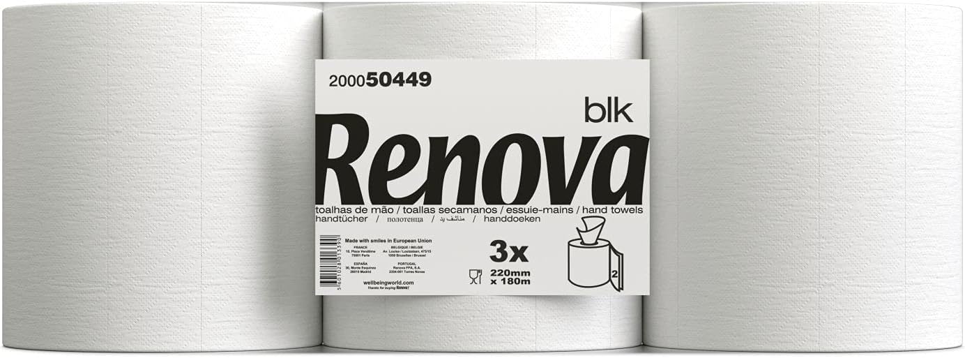 Detalle 2 de Renova Bobinas Secamanos BLK 🧻 3 x 180m Papel Blanco 2 Capas