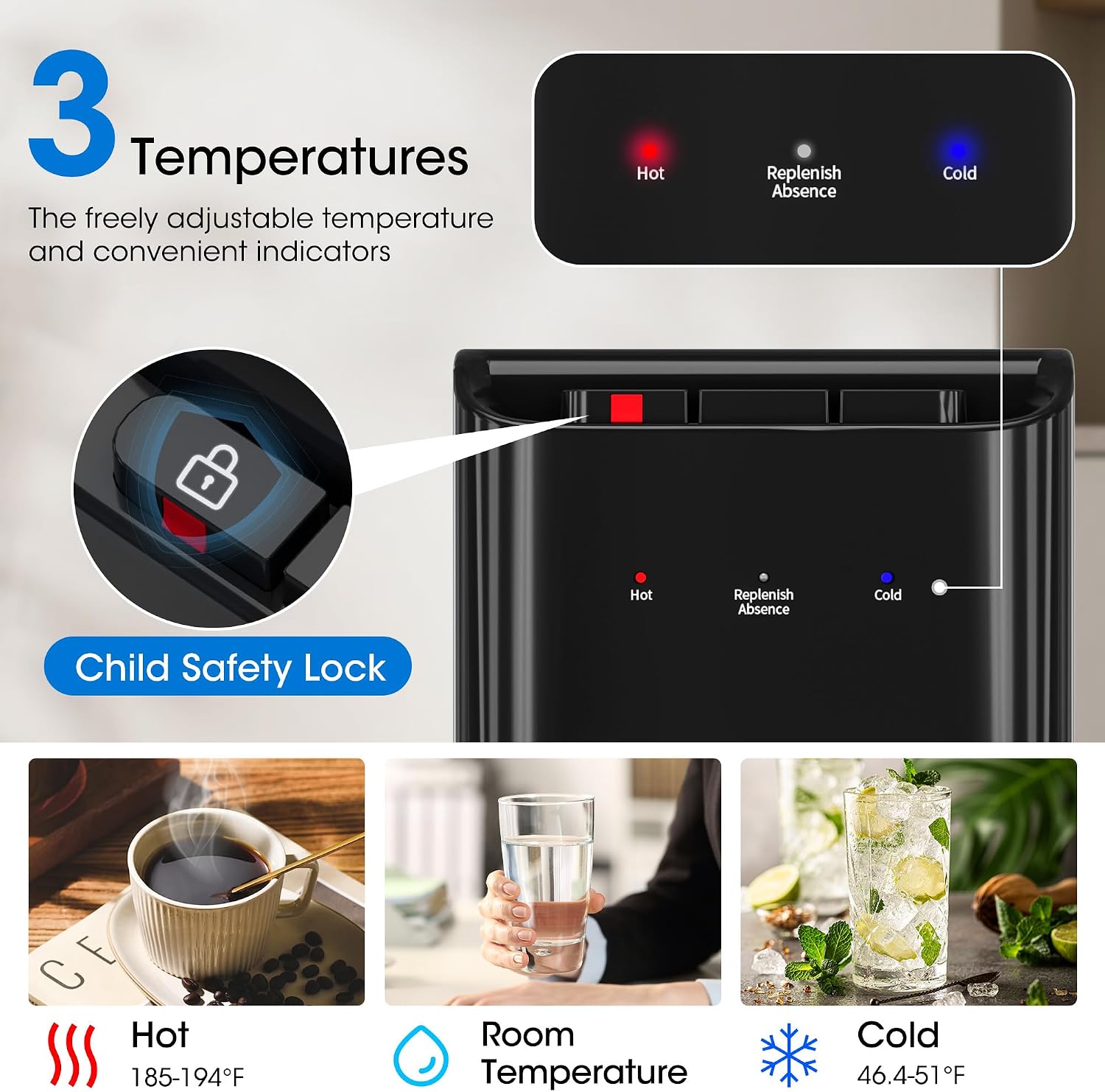 Thumbnail 6 de Tehanld THFT0834CS003 Bottom-Loading Water Cooler, 3 Temperatures, Black