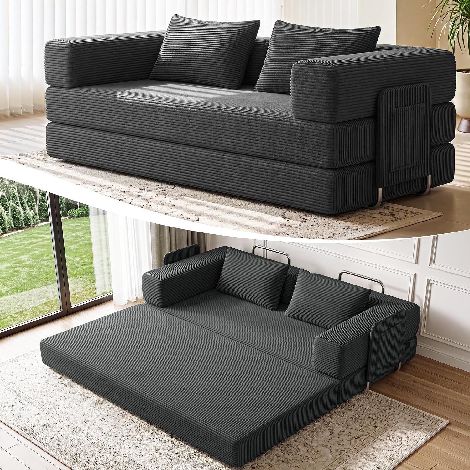 Detalle de GRUSIGN SF-CYL 78-Inch Convertible Futon Sofa Bed, Dark Gray Corduroy