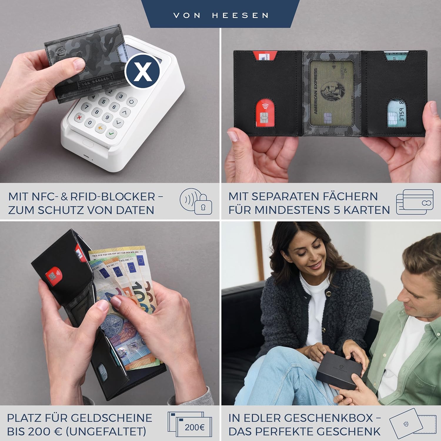 Thumbnail 1 de VON HEESEN Slim Wallet mit XL Münzfach & RFID-Schutz – echtes Nappa Leder Kartenetui im Camouflage-Design