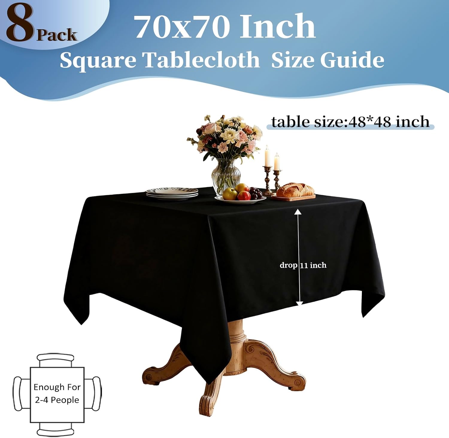 Detalle de pepmily 8-Pack Black Square Tablecloths (70x70 Inch) for Square Tables