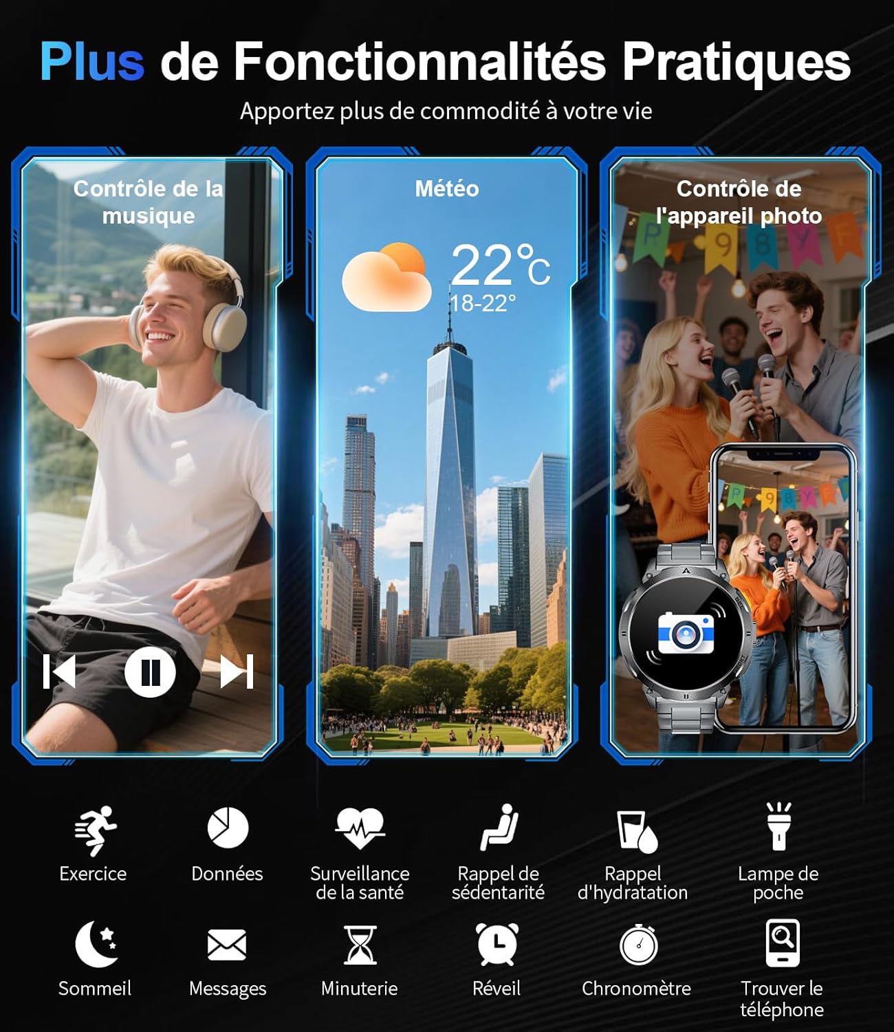 Thumbnail 1 de FITFLEX Montre Connectée Homme: 1,62" AMOLED, design militaire, 110+ sports, autonomie et robustesse