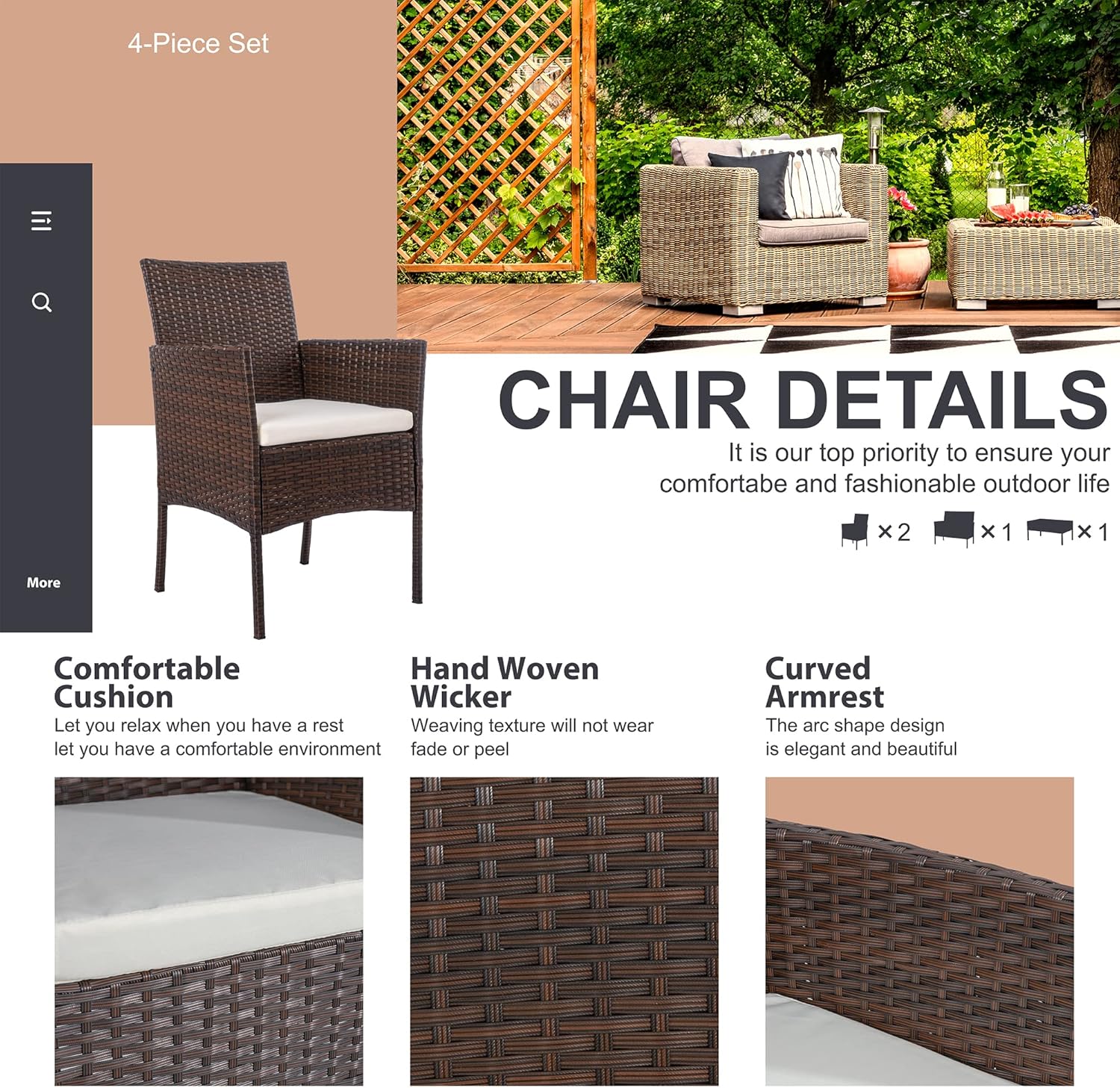 Detalle de Shintenchi BY4VN 4-Piece Patio Furniture Set with PE Wicker and Glass Table
