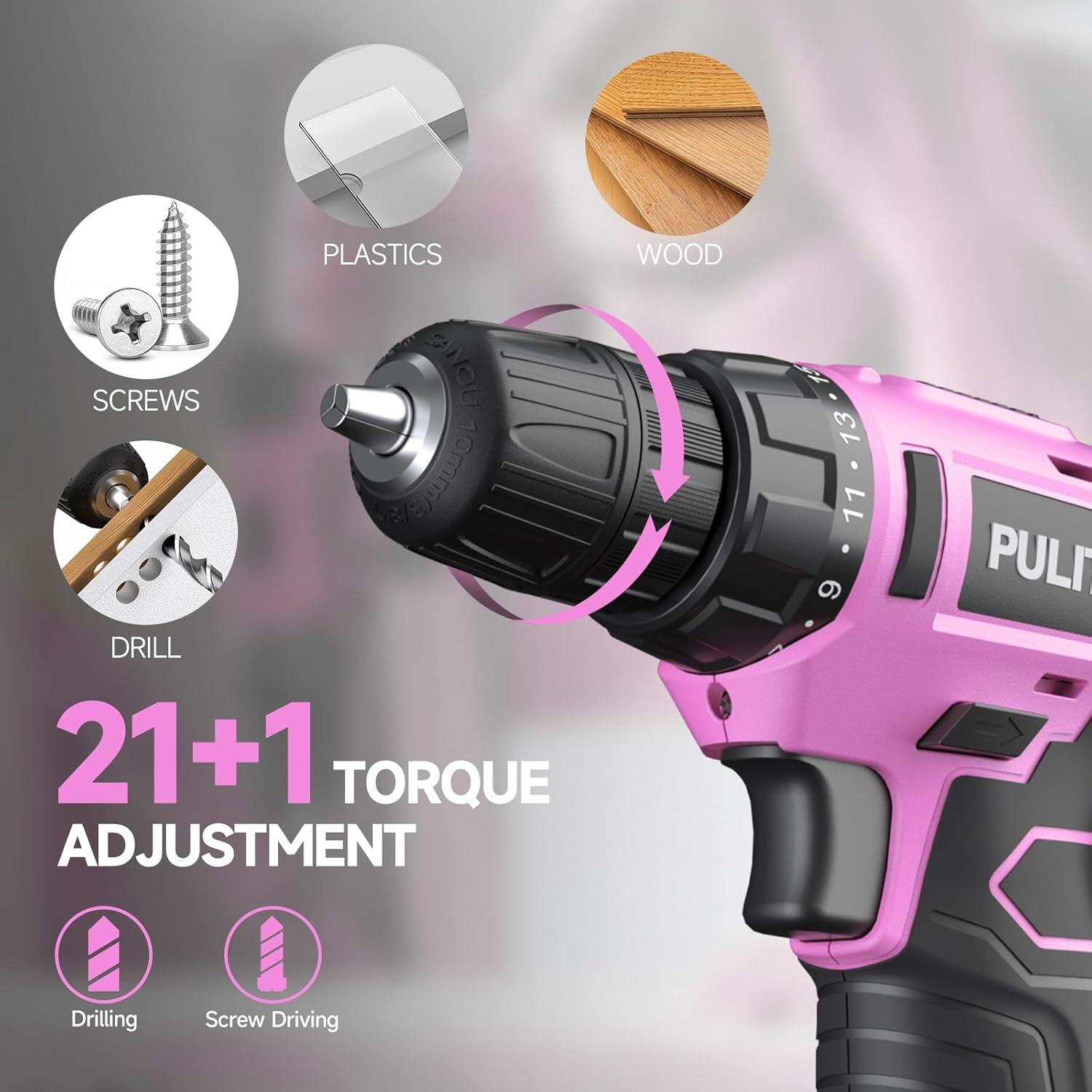 Thumbnail 3 de PULITUO 12V Cordless Drill (Li-Ion) with 21+1 Torque Settings and LED Light