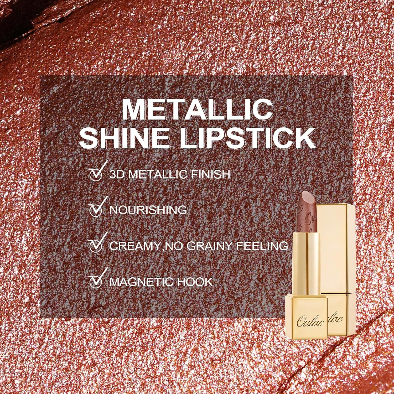Detalle de OULAC Lippenstift Metallic Glanz Finish „Me Time“ (24) – brauner Glitzer-Lippenstift mit 3D-Glanz, vegan