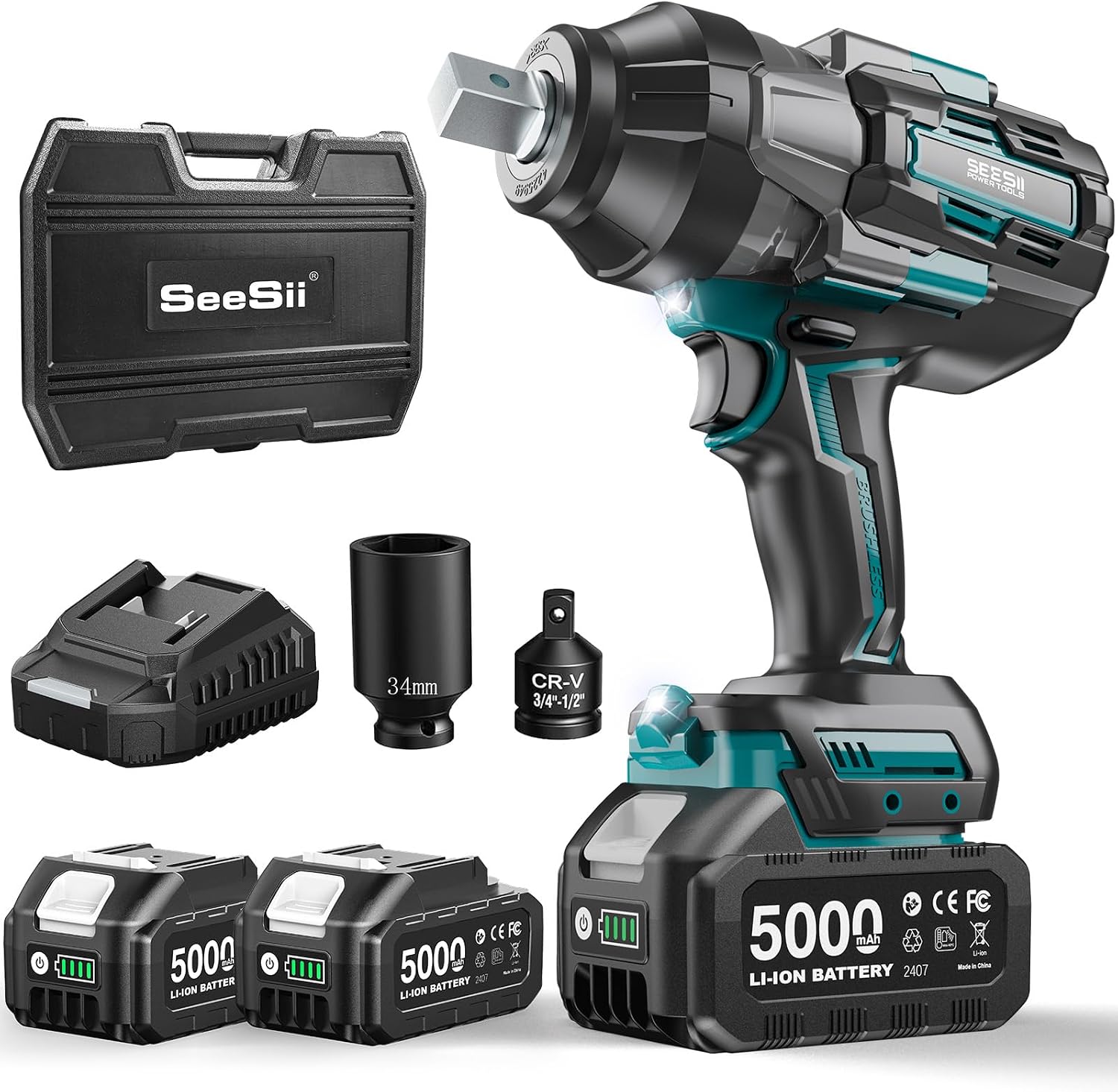 Detalle de Seesii Avvitatore a Impulsi 1800Nm 3/4'': potenza per ruote e viti lunghe con due batterie e adattatore
