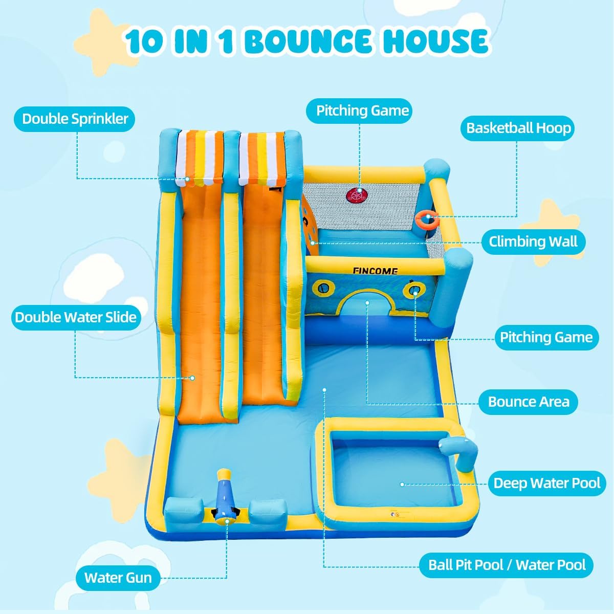 Thumbnail 4 de FINCOME 10-in-1 Inflatable Bounce House Water Slide with 750W Blower, Double Water Slides & Climbing Wall