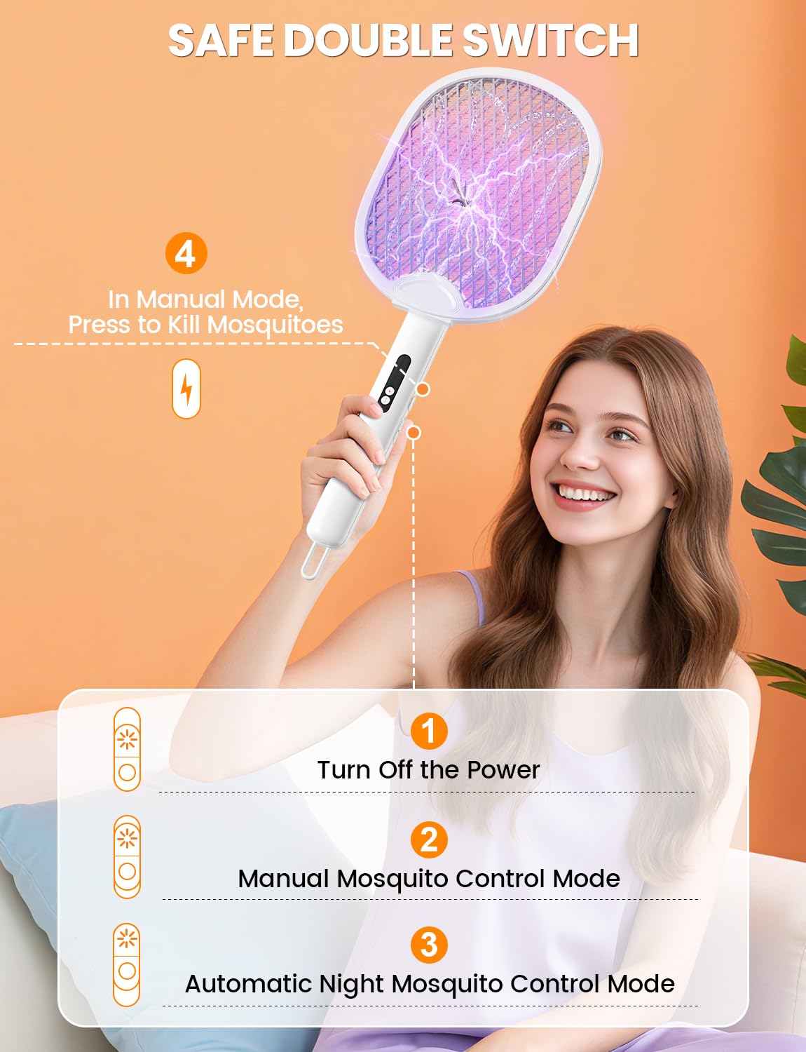 Detalle 2 de WOCVRYY 4000V Electric Fly Zapper Racket (USB-C rechargeable, 1800mAh, foldable)