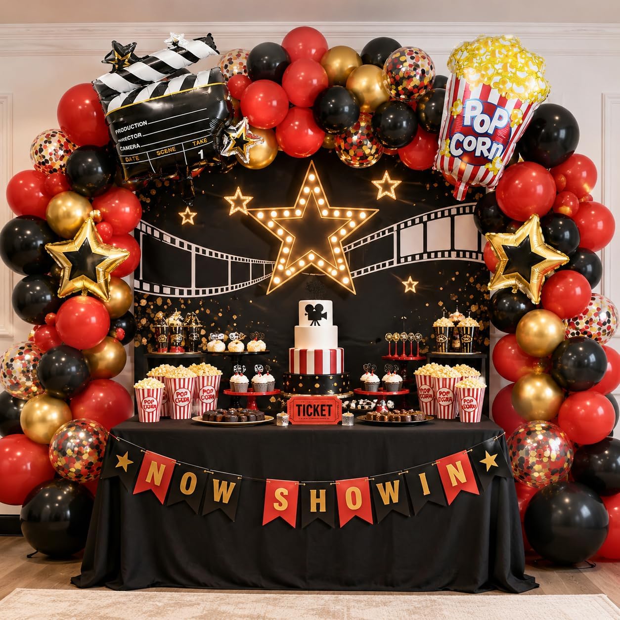 Detalle de Movie Night Party Balloons (35 pcs) Red, Black & Gold Confetti with Film Clapboard & Pop Corn Foil Balloon