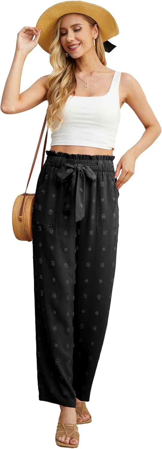 Detalle de IWOLLENCE Women's Wide Leg Pants with Pockets: High Waist Knot Tie & Loose Casual Style