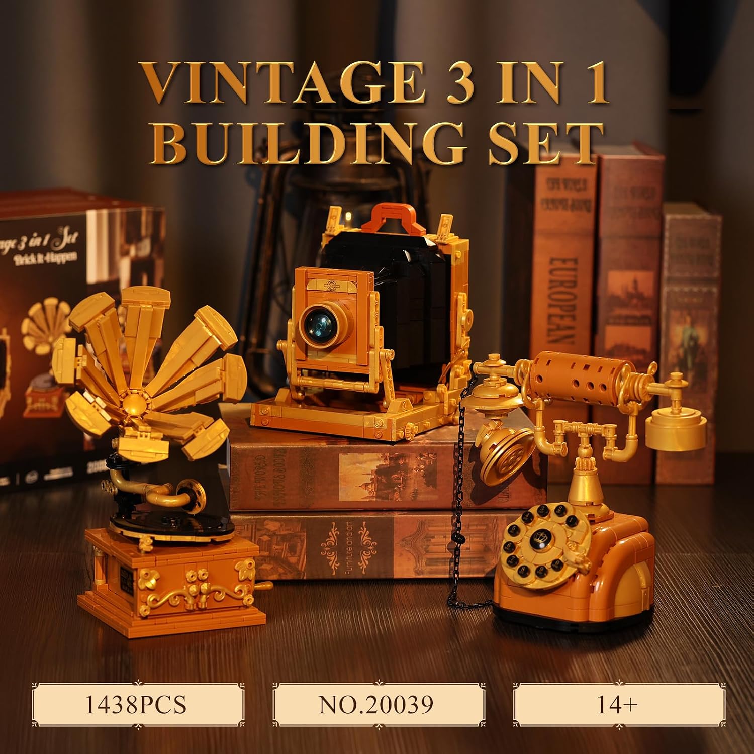 Detalle de JMBricklayer 3 in 1 Retro-Bausteinset für Erwachsene – Vintage Plattenspieler, Kurbeltelefon und Kamera im 19. Jahrhundert
