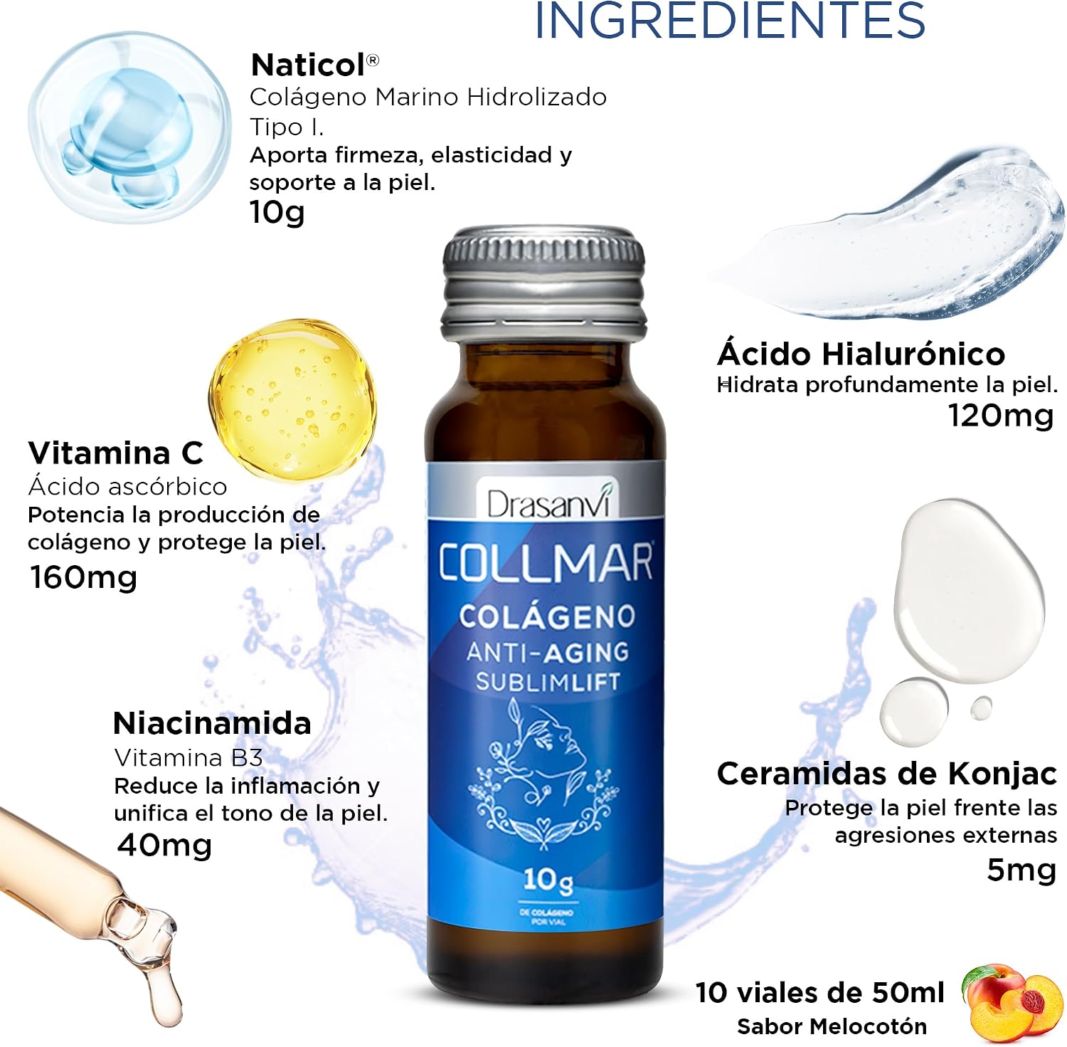Detalle de Colágeno Marino DRASANVI Shot 10g Melocotón para piel firme