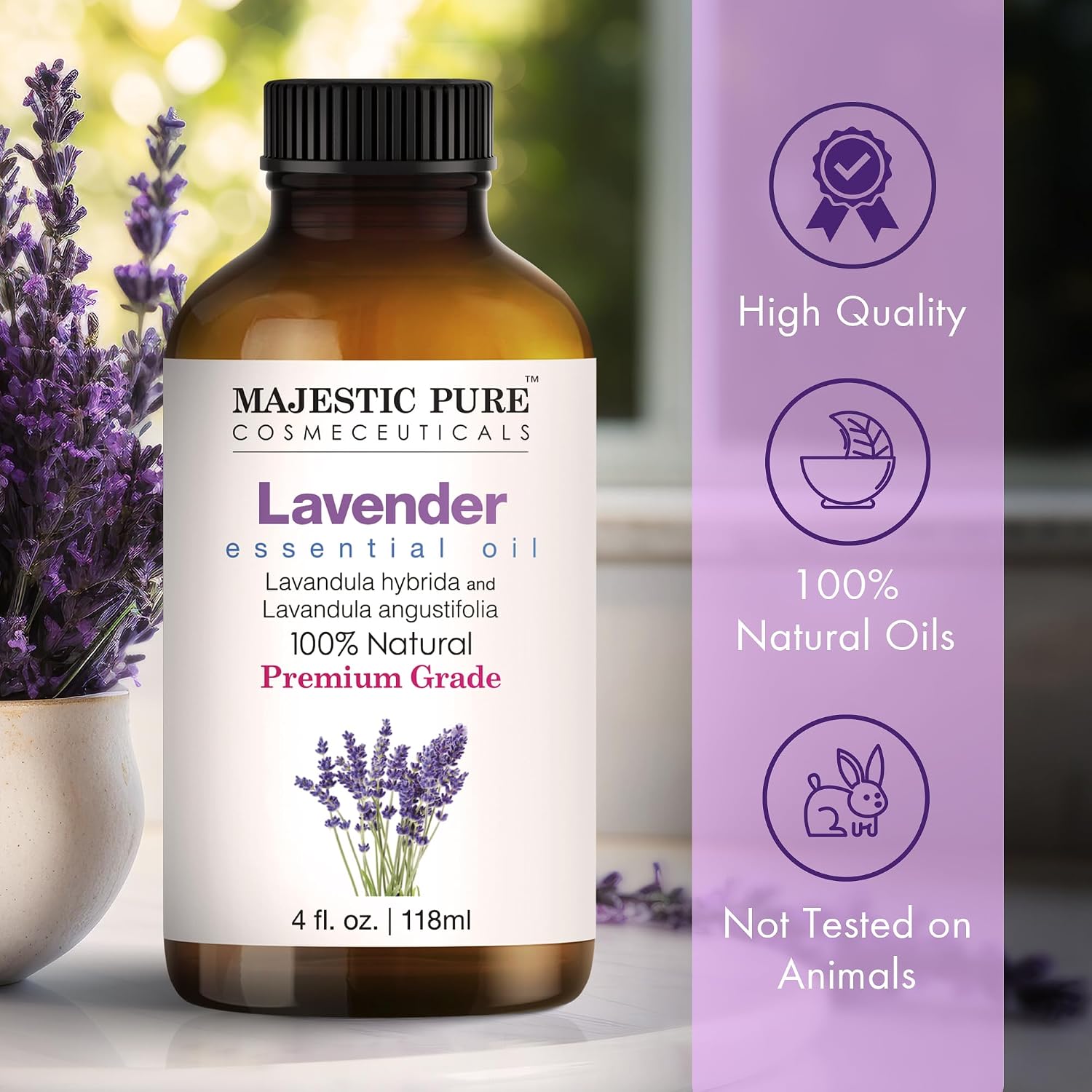 Detalle de Majestic Pure Lavender Essential Oil with Glass Dropper – 8 Fl Oz (2 x 4 Fl Oz) 100% Pure Lavender Oil