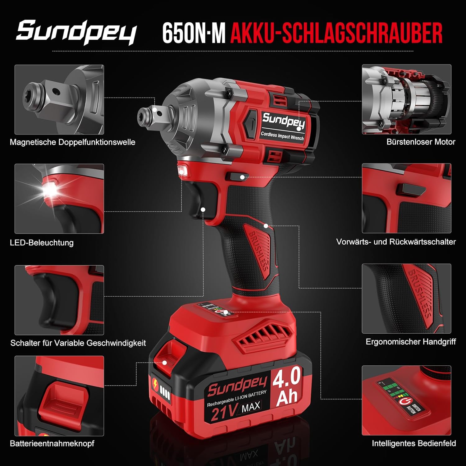 Thumbnail 6 de Sundpey Akku Schlagschrauber 650 Nm – 1/2 Zoll, bürstenlos, 3 Geschwindigkeiten, 2x 4000 mAh, LED-Licht, Koffer