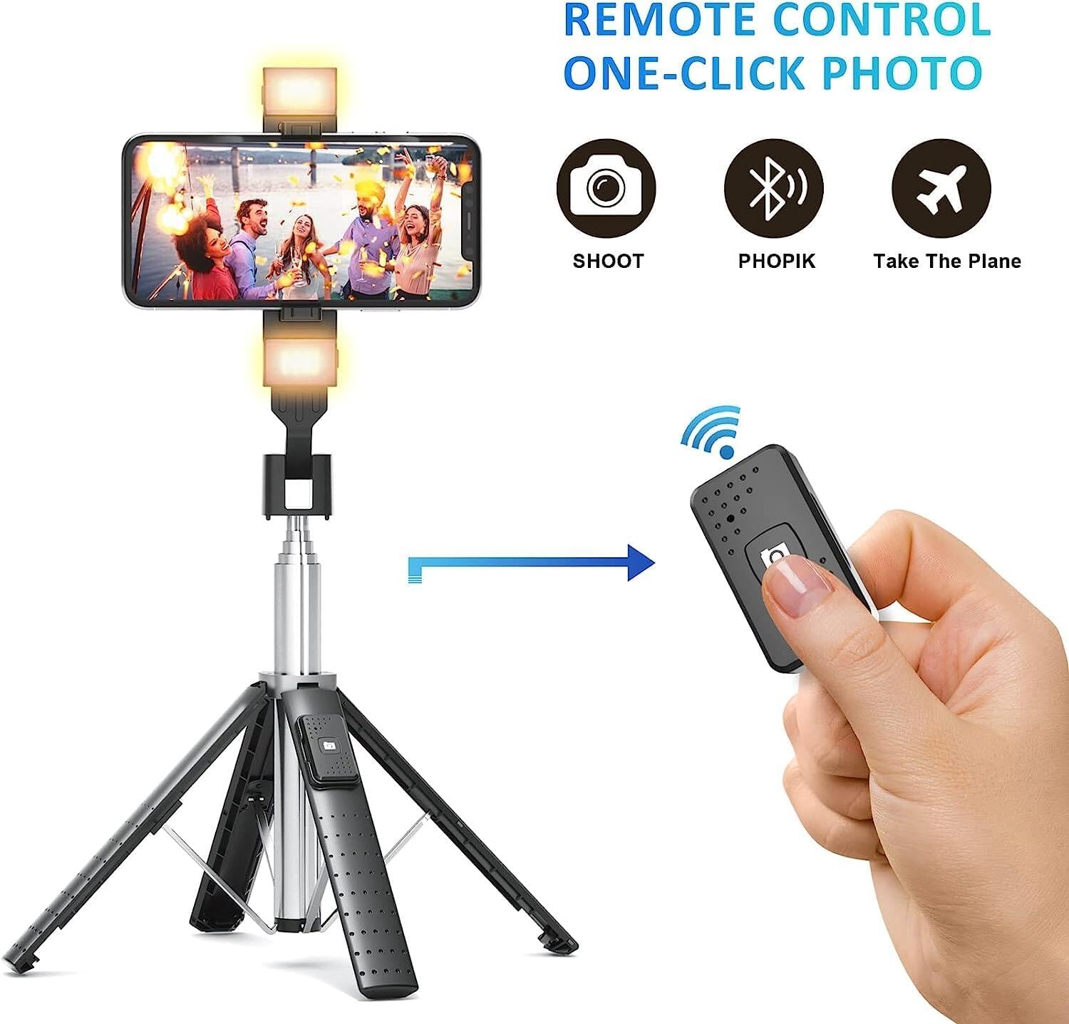 Detalle de Selfie Stick Tripod Quadrapod with Fill Light and Bluetooth Remote – 4-Leg Stability, Stainless Steel, iPhone & Android