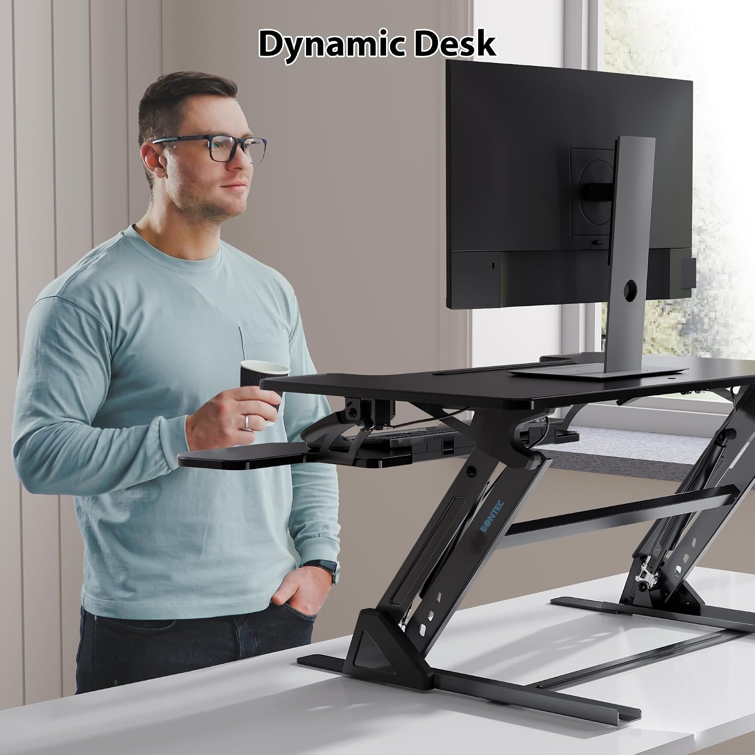 Detalle de BONTEC scrivania regolabile in altezza con doppia molla per doppio monitor (81,3 x 52,2 cm), capacità fino a 15 kg