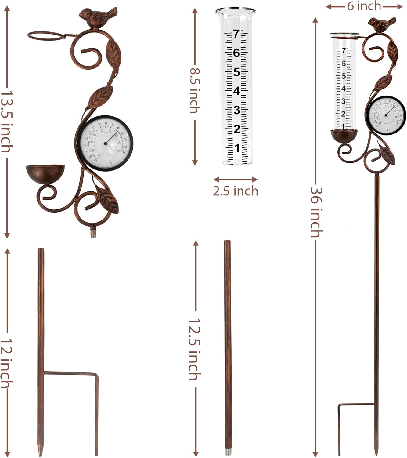Thumbnail 2 de 32-Inch Garden Rain Gauge with Thermometer — Metal Bird Outdoor Yard Decor & 7-Inch Glass Tube