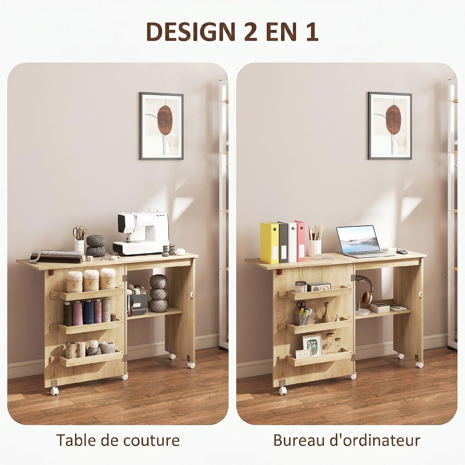 Detalle de HOMCOM L10-002V80ND opvouwbare naaitafel met klapblad en opbergruimte