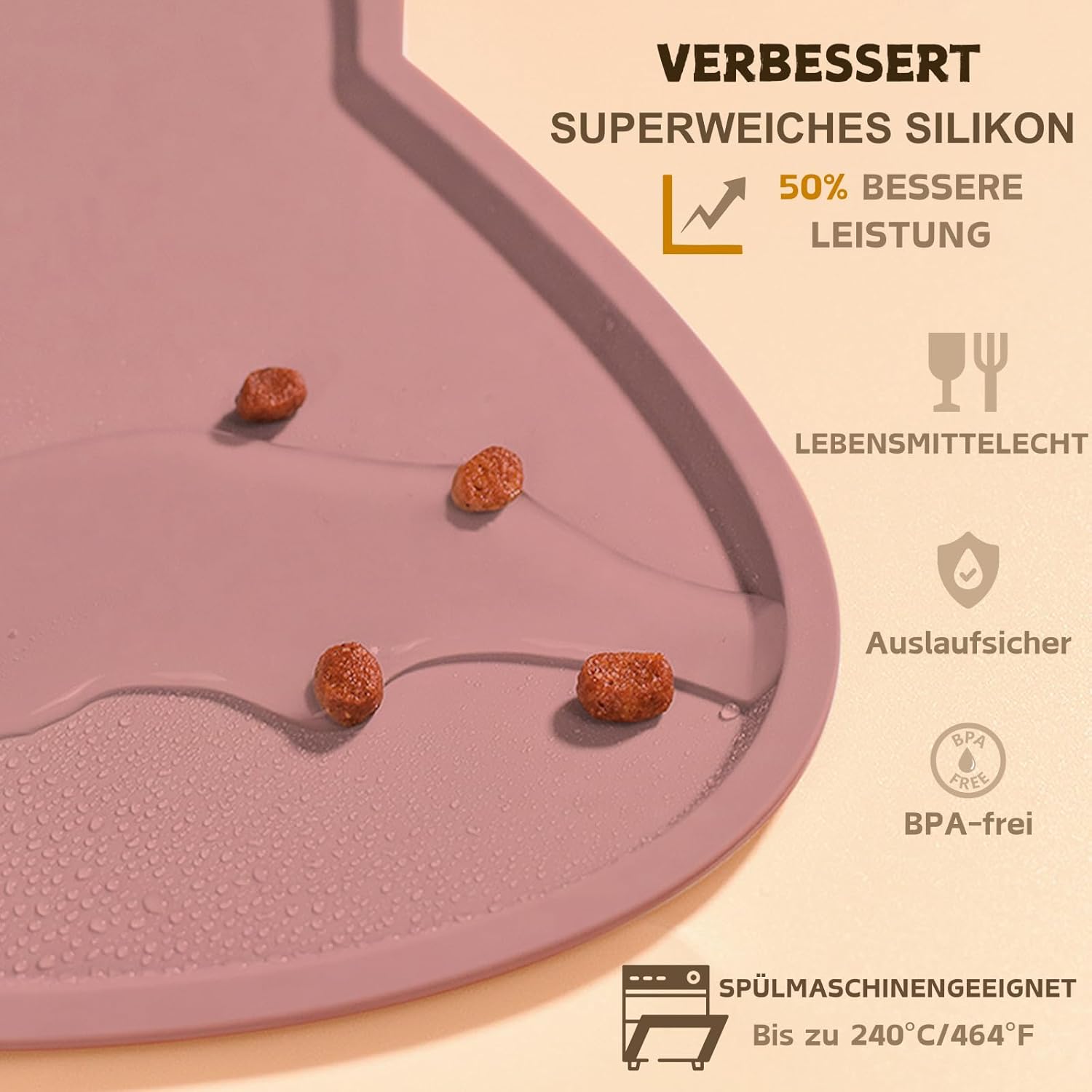 Thumbnail 2 de Silikon Napfunterlage für Katzen & Hunde (52x30 cm) – wasserdicht, rutschfest, BPA-frei in Korallen-Rosa