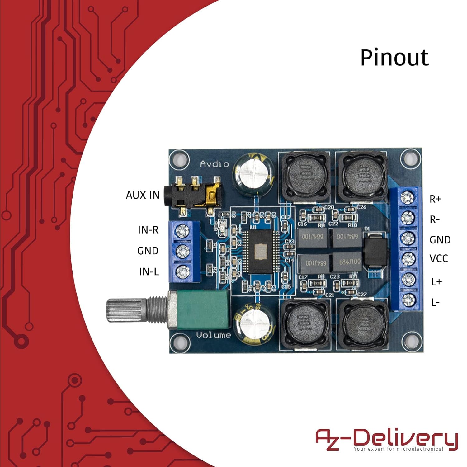 Detalle de AZDelivery platine d’amplificateur numérique stéréo compatible TPA3116D2, 2 canaux (2 x 50W) 12/24V, entrée 3,5 mm