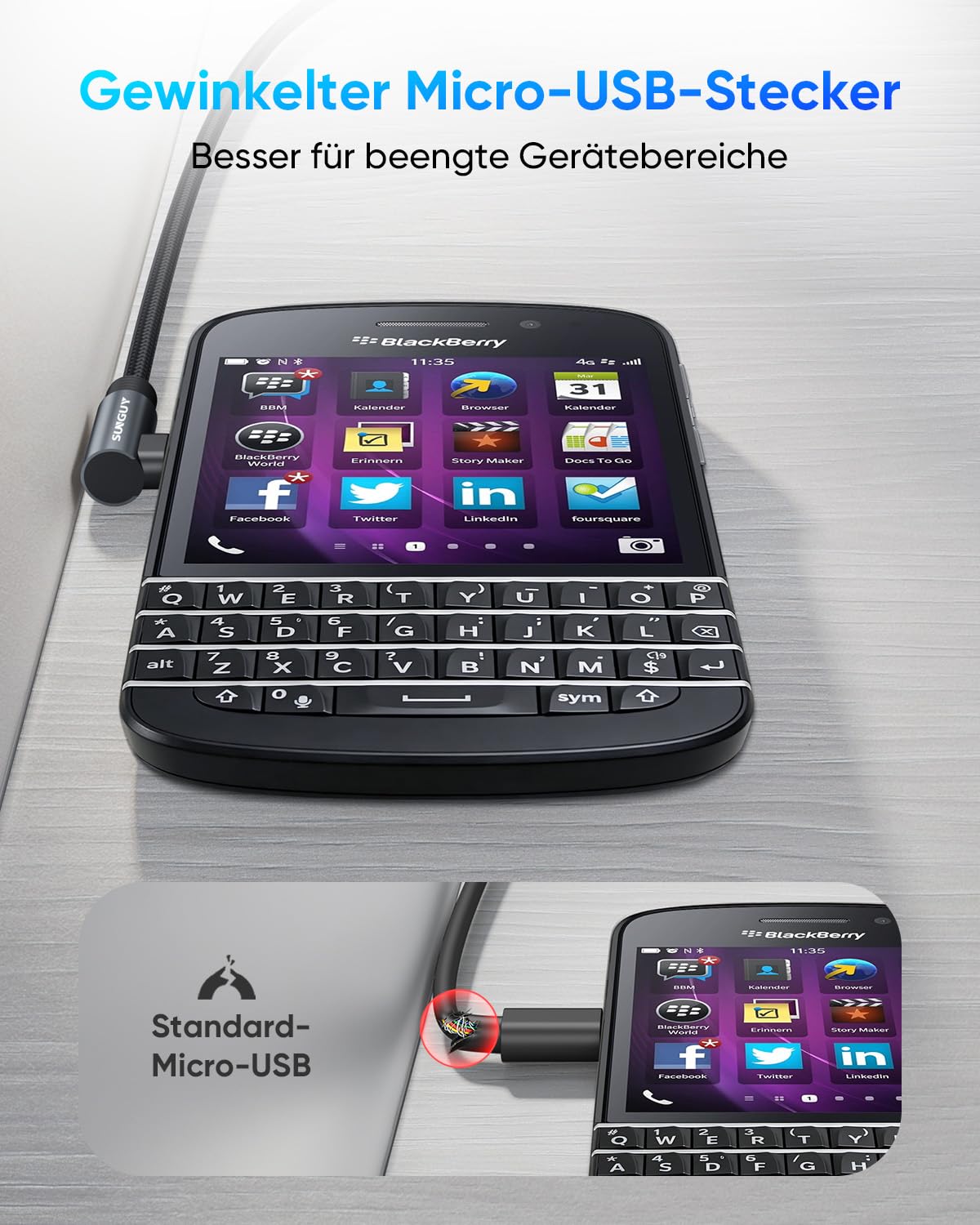 Thumbnail 2 de SUNGUY Micro-USB-Kabel 90° Winkel, 2er-Pack, 15 cm – nylon-geflochten, USB 2.0