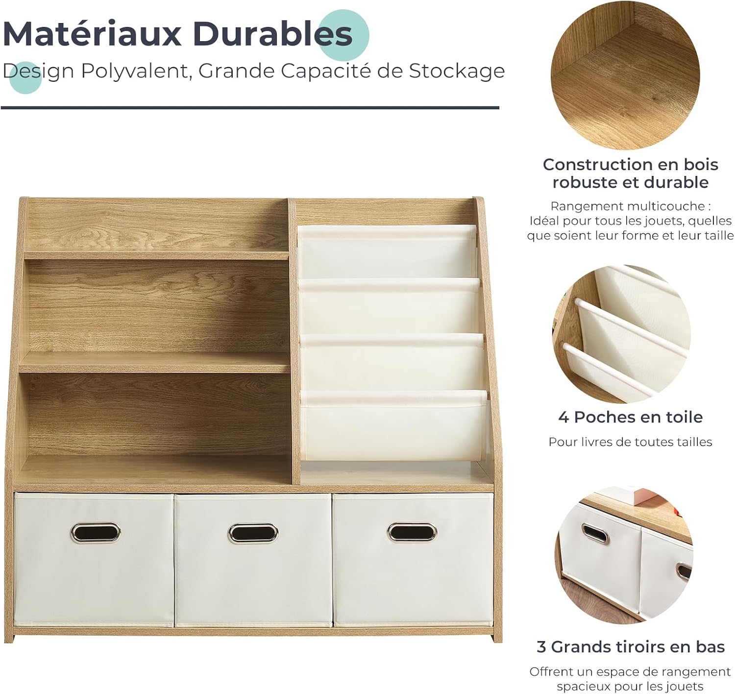 Detalle 2 de EFURDEN EDKB01 Montessori-kinderboekenkast met 4 planken, 3 laden en 4 stoffen vakken