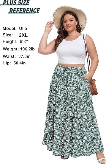 Detalle 1 de Qixing Long Skirts for Women Pleated A-Line Maxi Skirt with Pockets