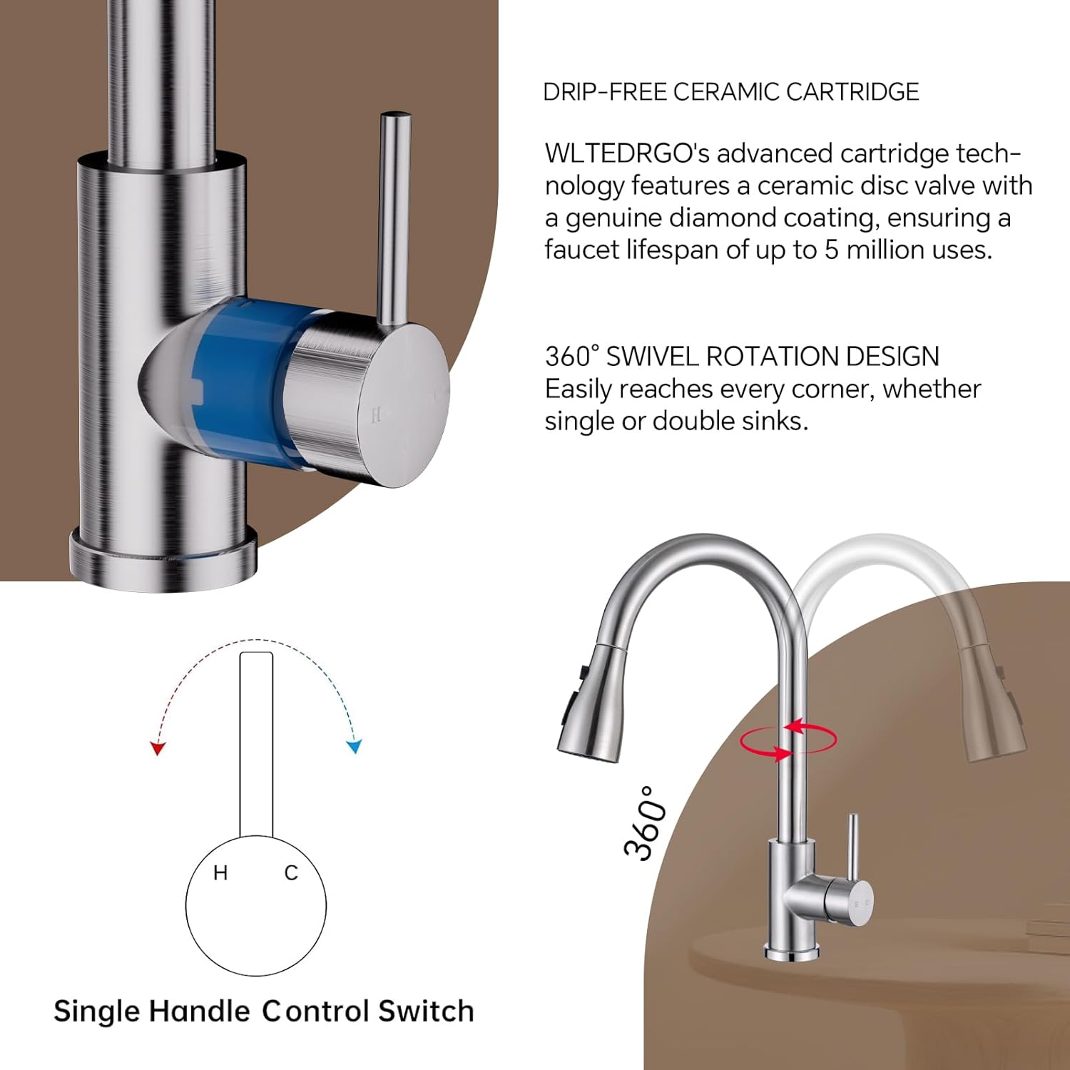 Thumbnail 3 de WLTEDRGO Brushed Stainless Kitchen Tap 45cm Hose