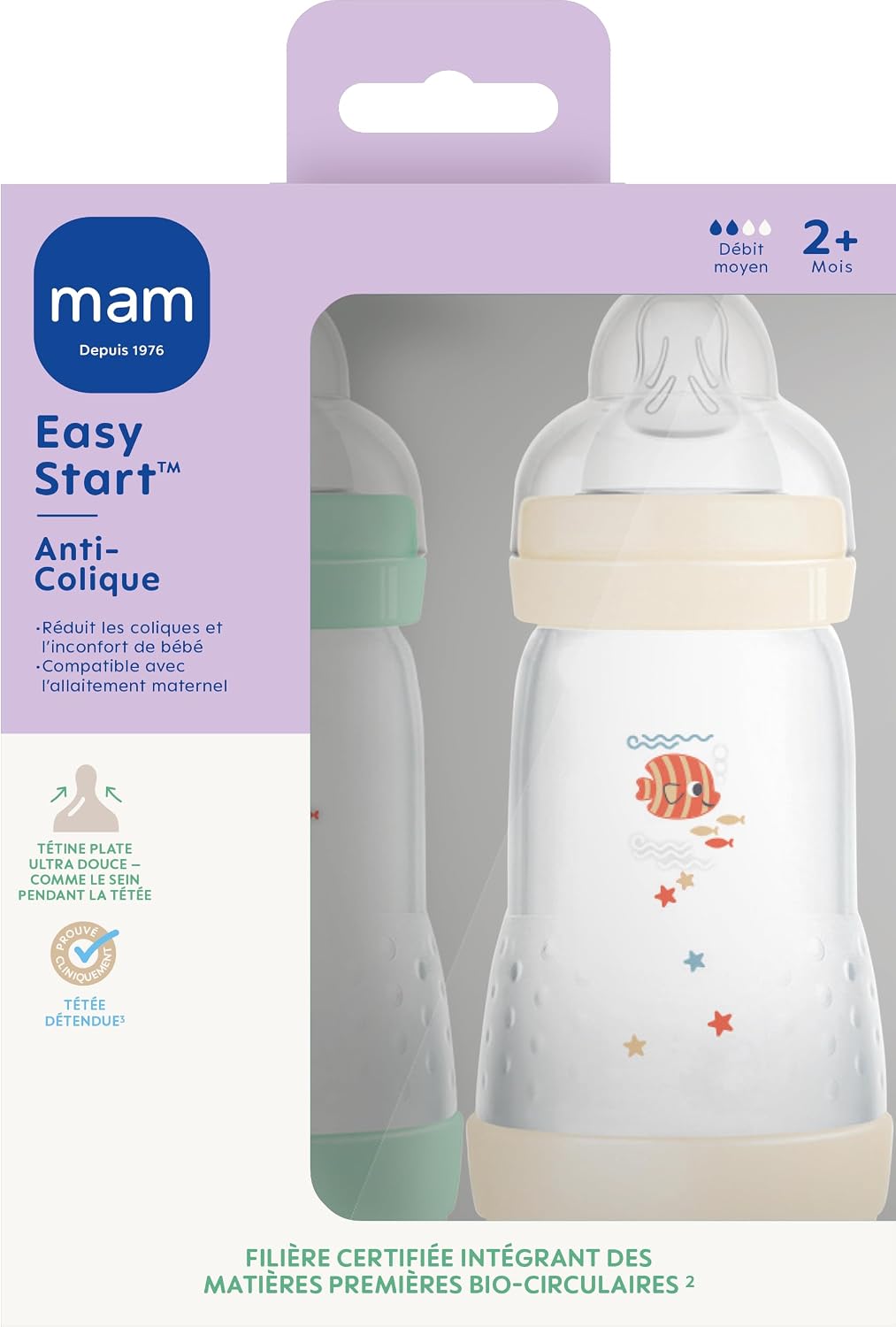 Thumbnail 1 de MAM Biberons Easy Start Anti-Colique 2+ mois – Lot de 2, 260 ml Menthe+Coton
