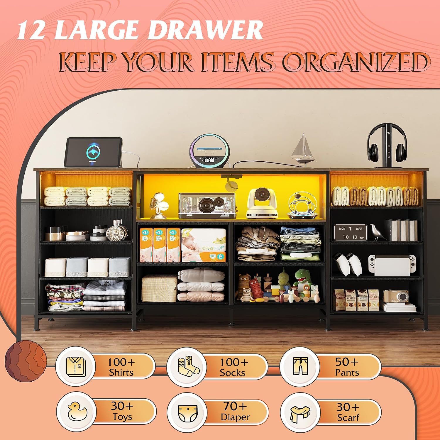 Thumbnail 3 de WLIVE 12-Drawer Dresser with LED Lights and TV Stand for 65–75 Inch Televisions