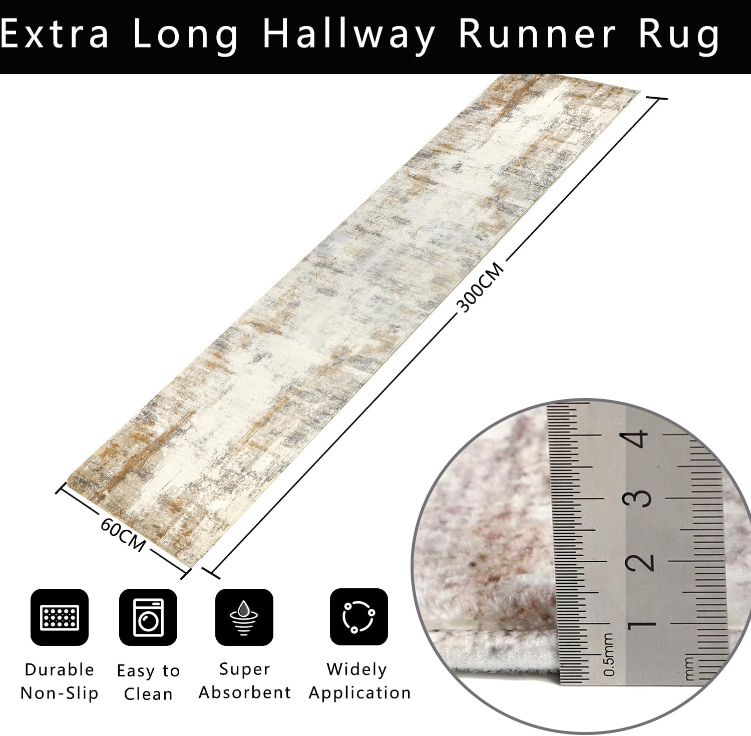 Thumbnail 6 de Famibay 60x300cm Hallway Runner Rug in Brown & Beige (non-slip, washable, low pile)
