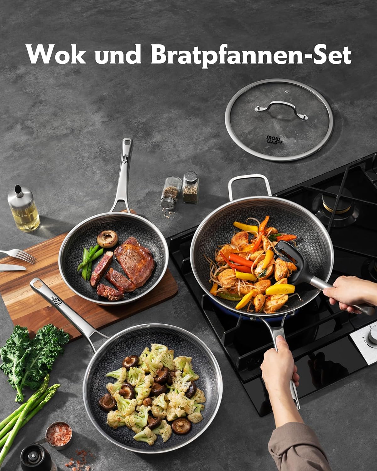 Thumbnail 1 de Wokpfanne 30 cm & Bratpfannen 24+28 cm – Hybrid-Wok-Set mit Antihaft-Wabenbeschichtung