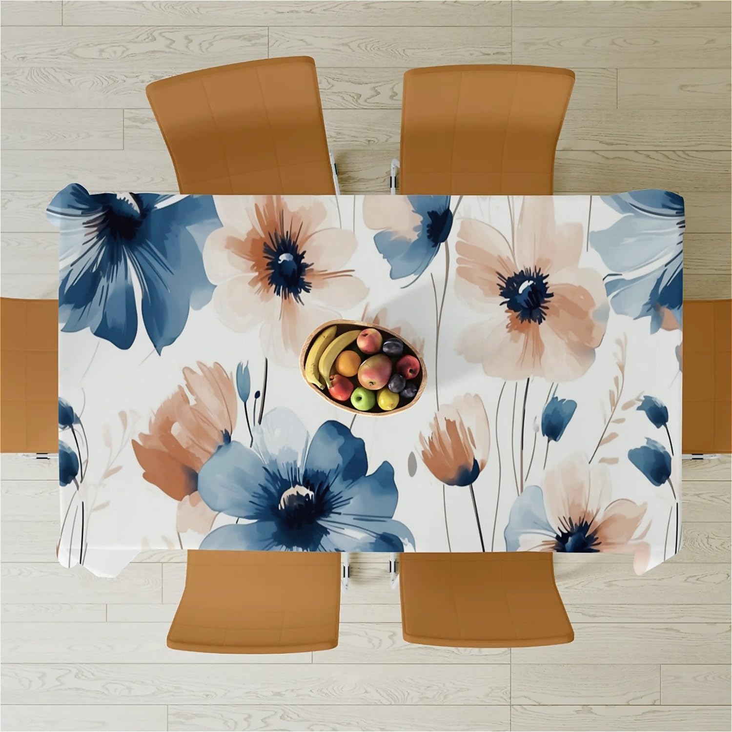 Thumbnail 6 de arts lion Rectangle Waterproof 60x102in Wipeable Table Cover – Non-PVC Fabric, Ink Blue and Orange Floral Design