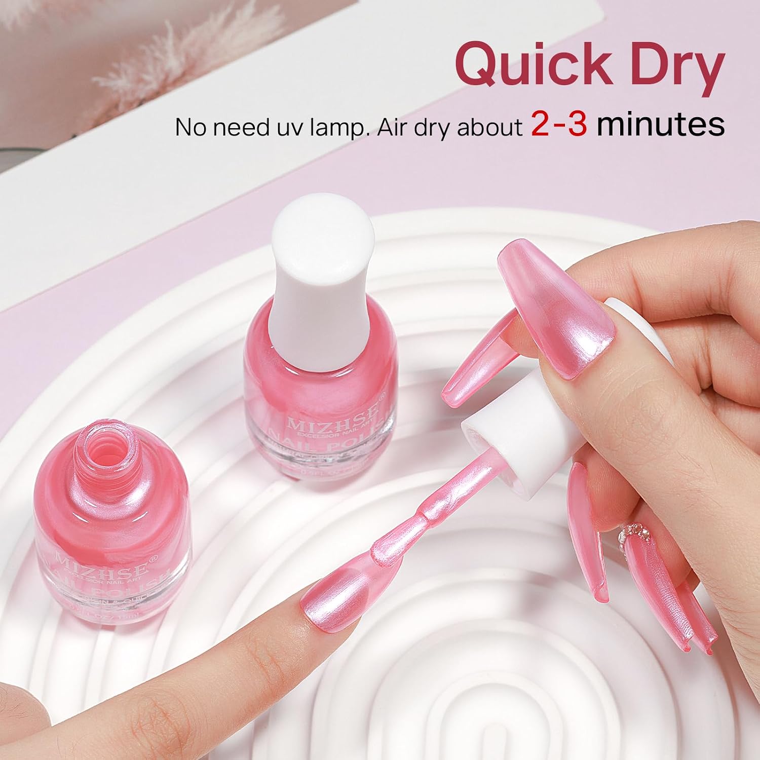 Detalle 2 de MIZHSE Pearlescent Rose Pink Nail Polish — Quick Dry, Oil-Based 15ml
