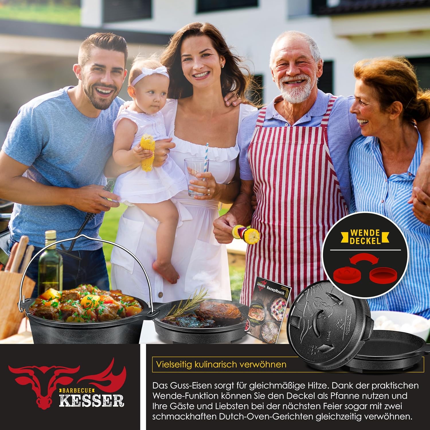 Detalle de KESSER® Dutch Oven Set BBQ 7,3 Liter – Schmortopf & Feuertopf aus Gusseisen mit Edelstahleruntersetzer