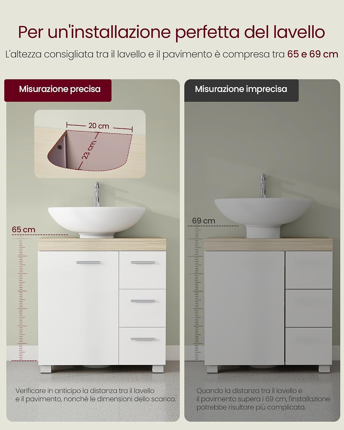 Thumbnail 6 de VASAGLE Mobile sottolavabo BBK514LL01 30 x 60 x 64 cm bianco nuvola e beige naturale, con 3 cassetti laterali
