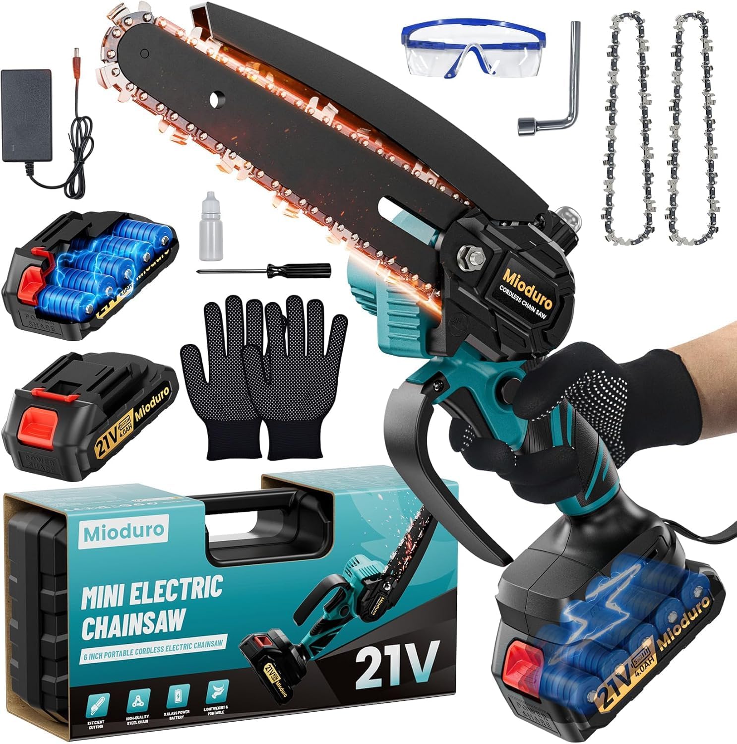 Detalle de Mioduro 6 Inch Cordless Mini Chainsaw 21V with 2x4000mAh Batteries