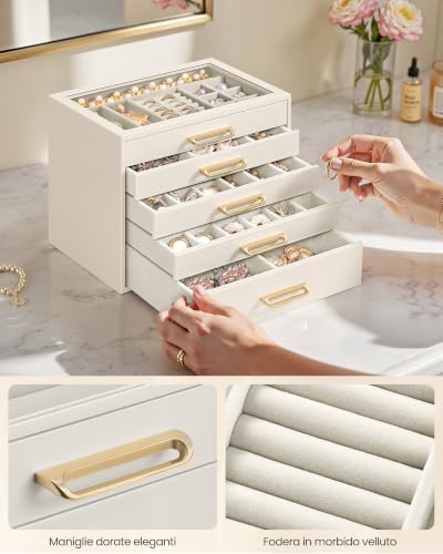 Detalle de SONGMICS Portagioie con Coperchio in Vetro, a 5 Cassetti – MDF, design elegante