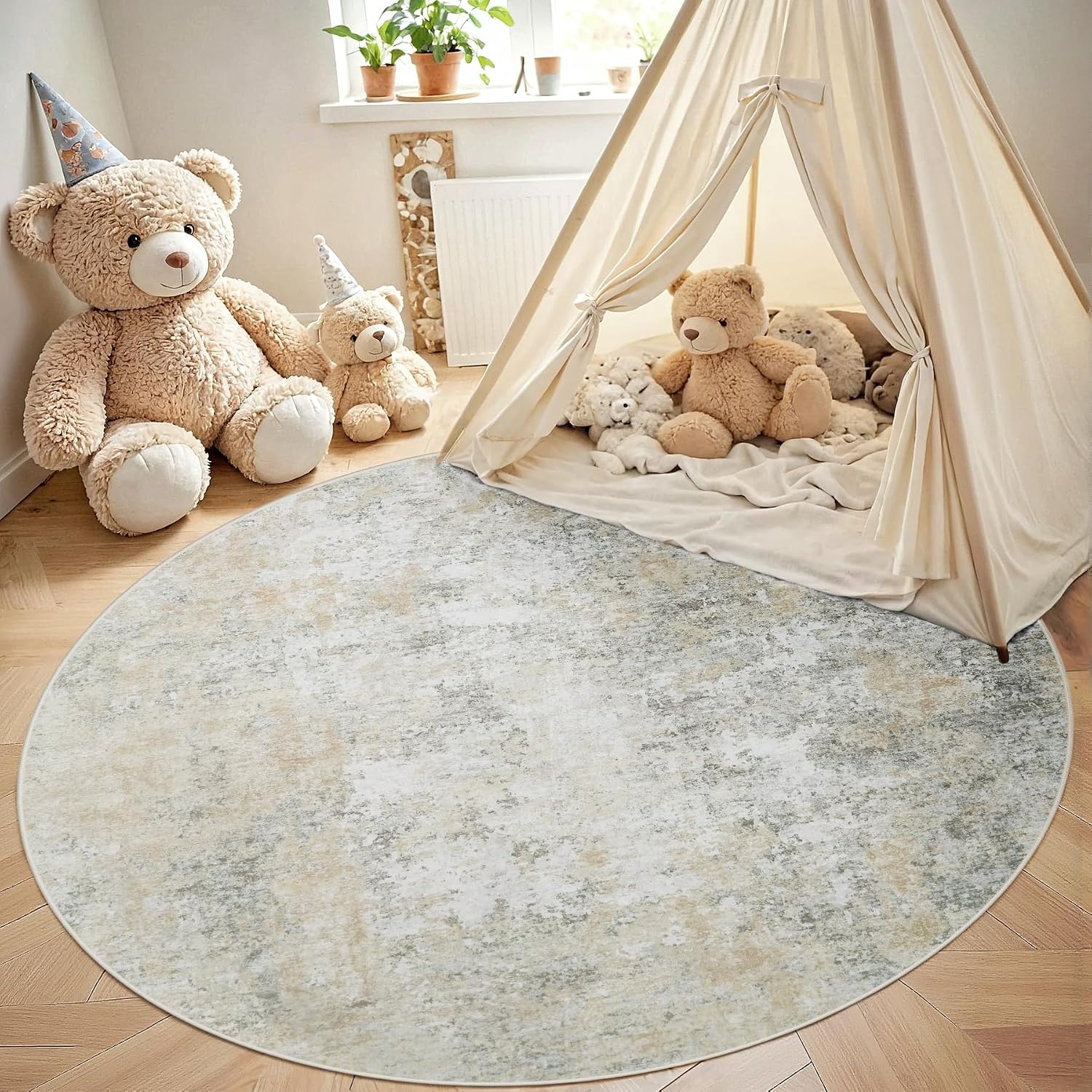 Detalle de Aelenmu 6 ft Round Area Rug, Beige and Gray Abstract, Low-Pile with Rubber Backing
